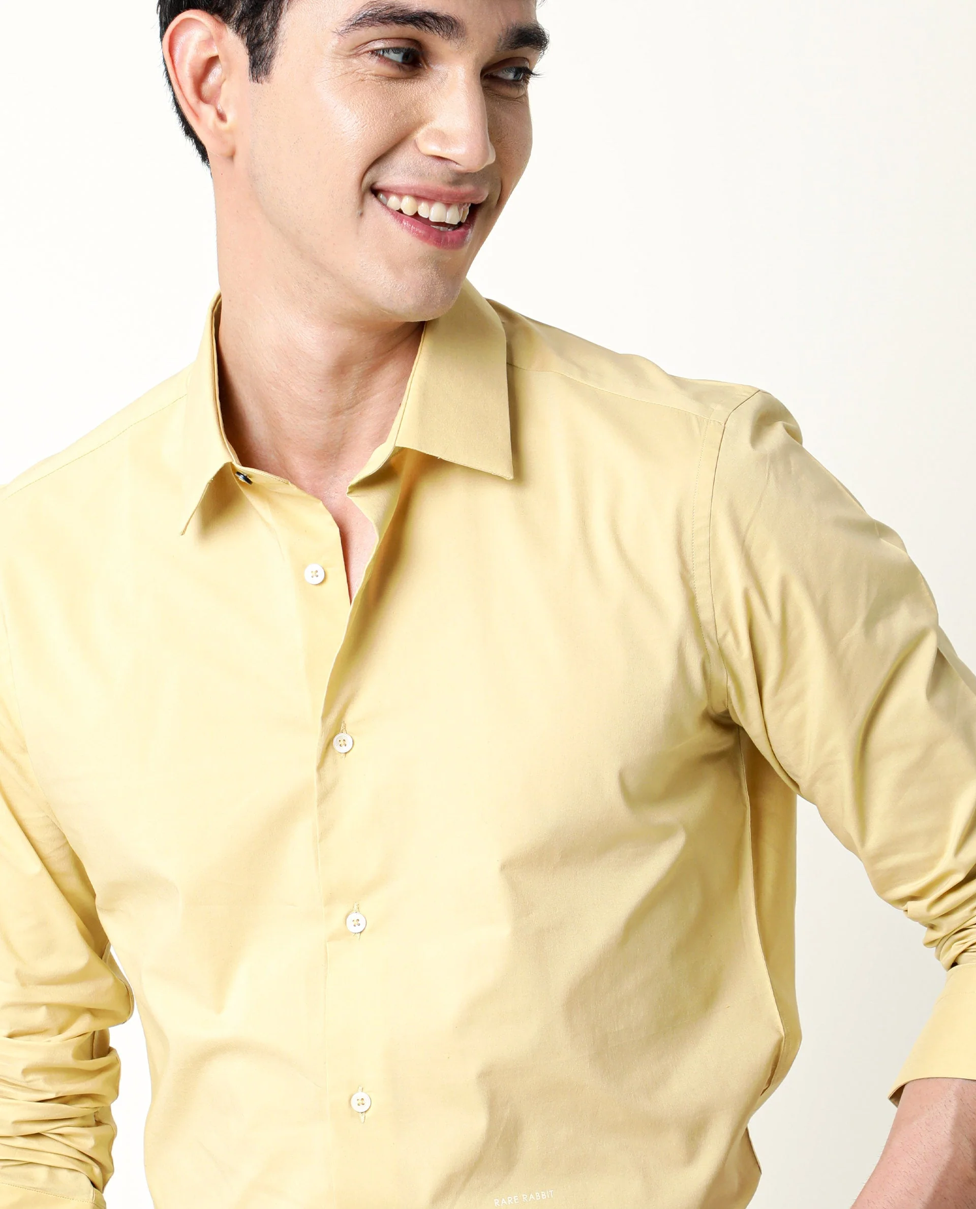 Rare Rabbit Men's Neutro Ls Mustard Cotton Plain Tailored Fit Full Sleeve Collared Shirt - Image 4