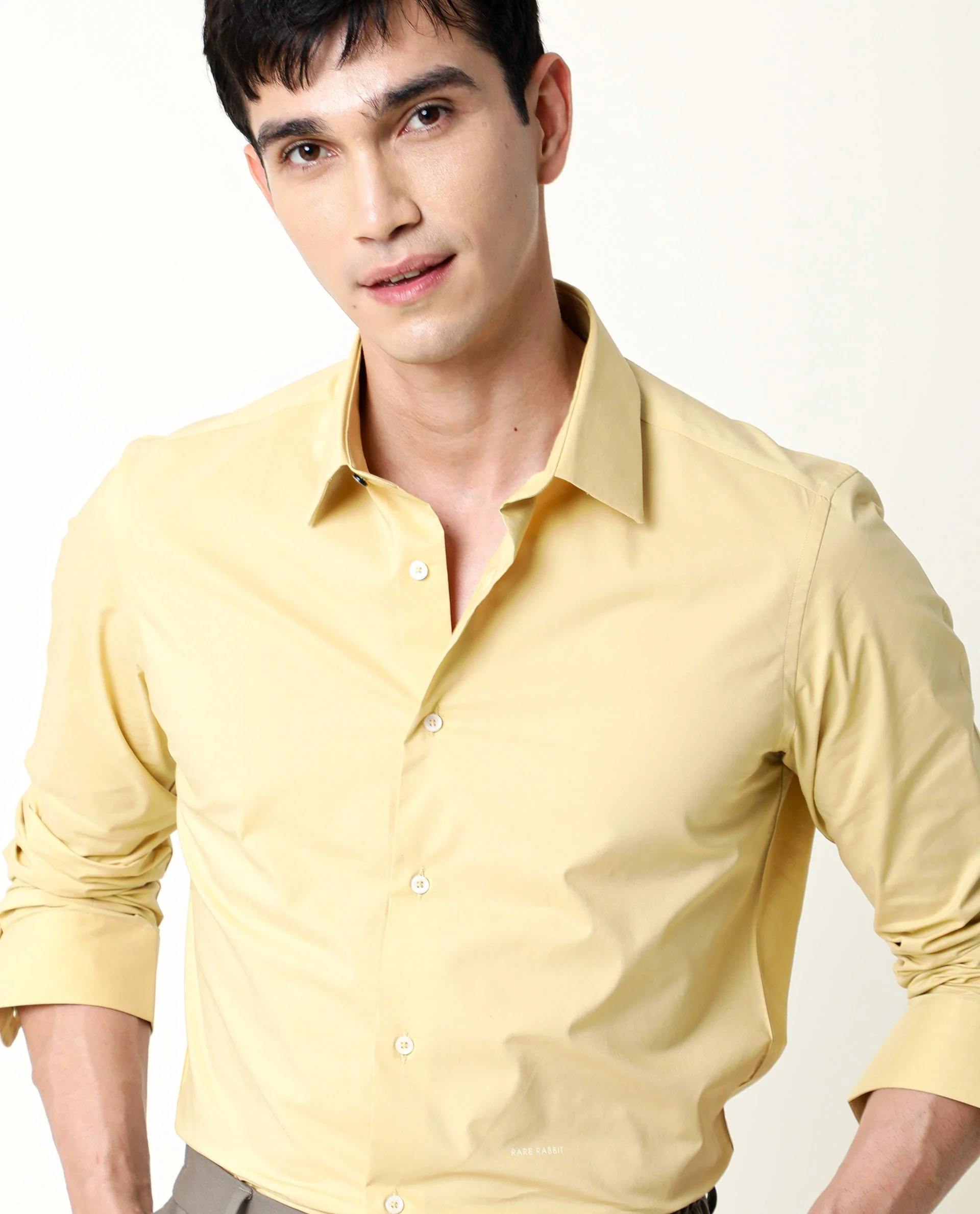 Rare Rabbit Men's Neutro Ls Mustard Cotton Plain Tailored Fit Full Sleeve Collared Shirt - Image 5