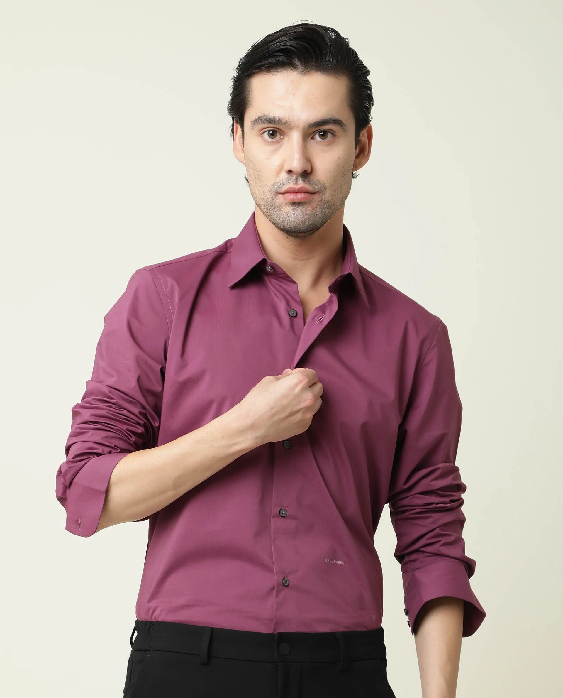 Rare Rabbit Men's Neutro Ls Purple Plain Regular Fit Full Sleeve Spread Collar Shirt - Image 2