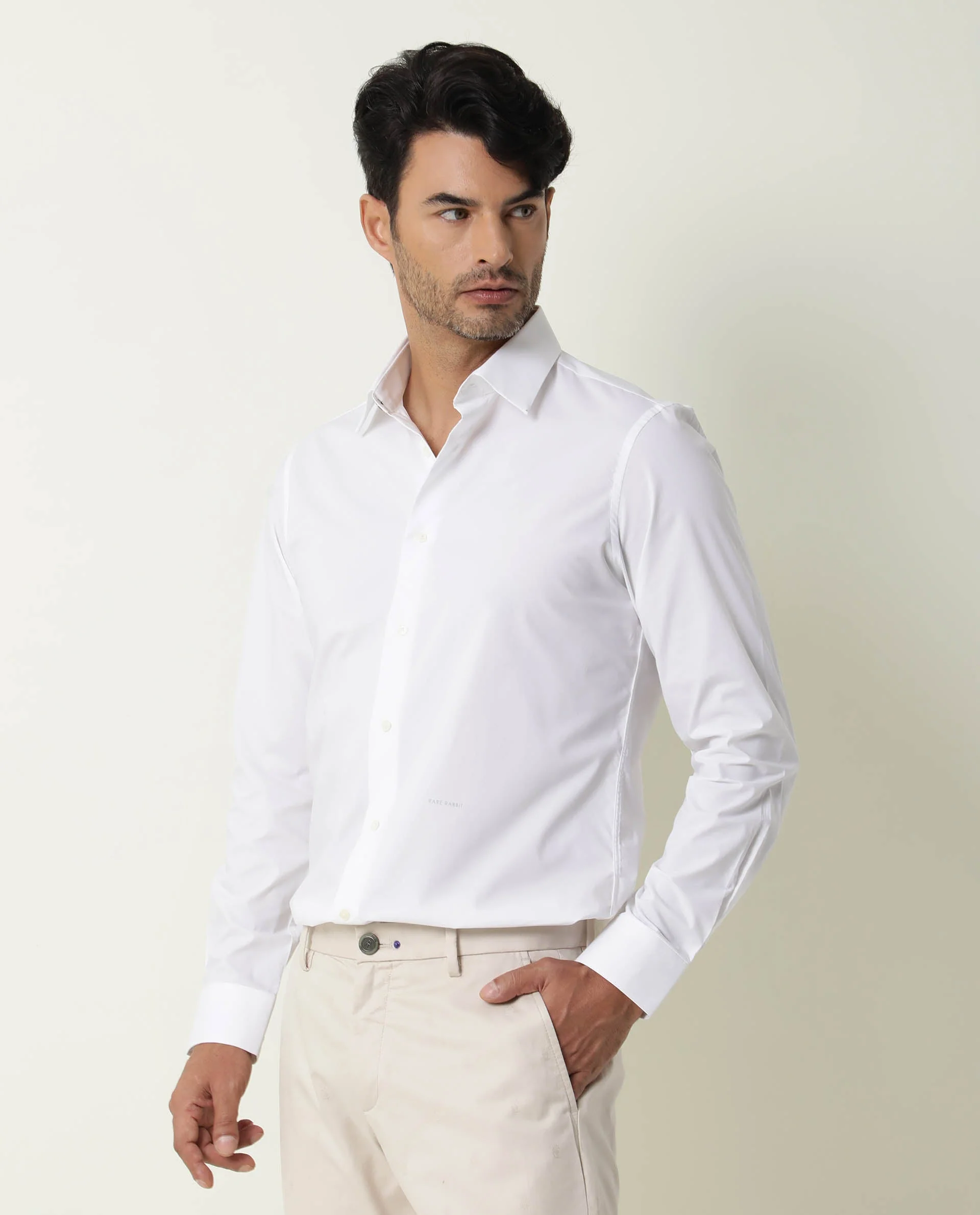 Rare Rabbit Men's Neutro Ls White Polyester Plain Regular Fit Full Sleeve Collared Shirt - Image 2