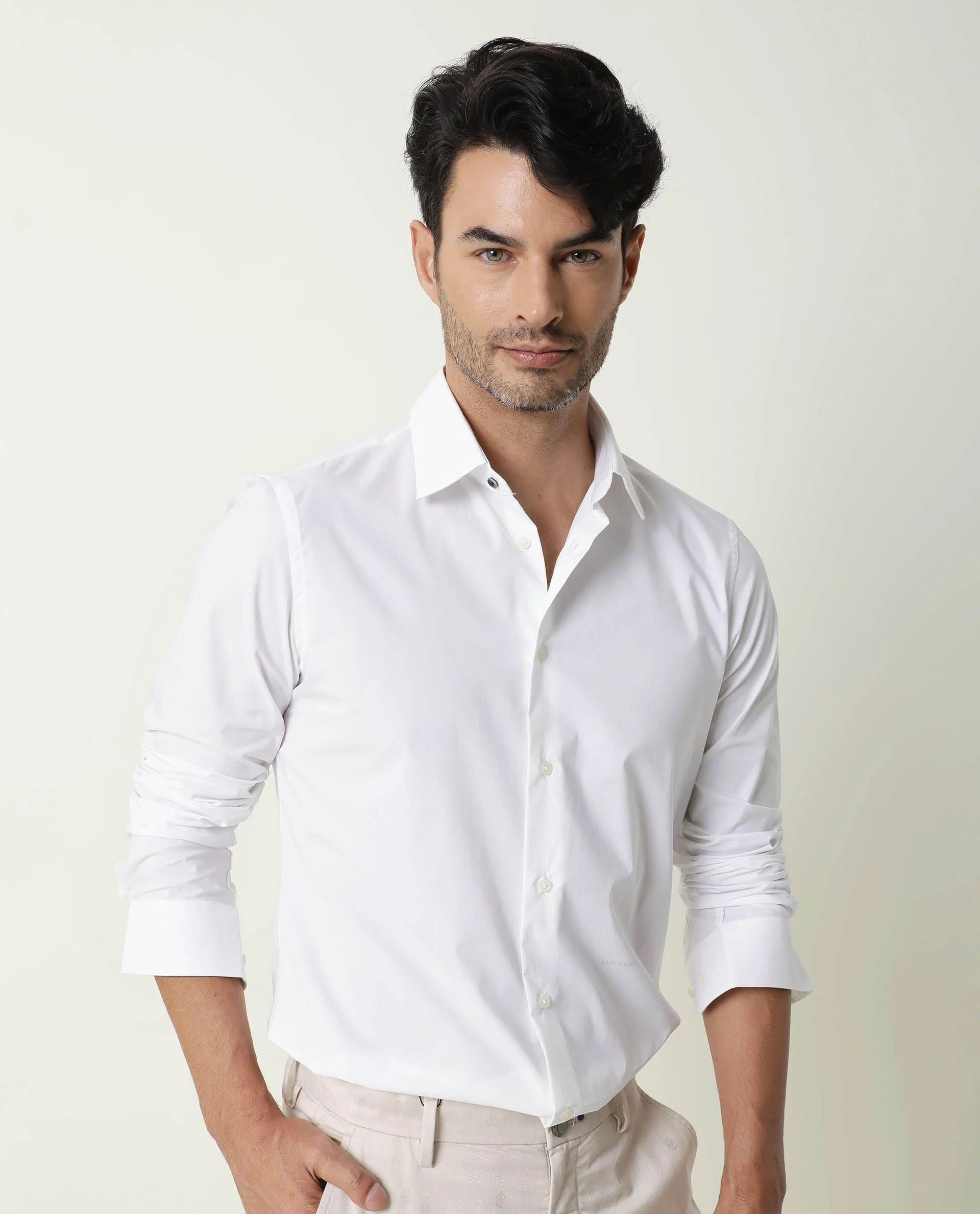 Rare Rabbit Men's Neutro Ls White Polyester Plain Regular Fit Full Sleeve Collared Shirt - Image 6