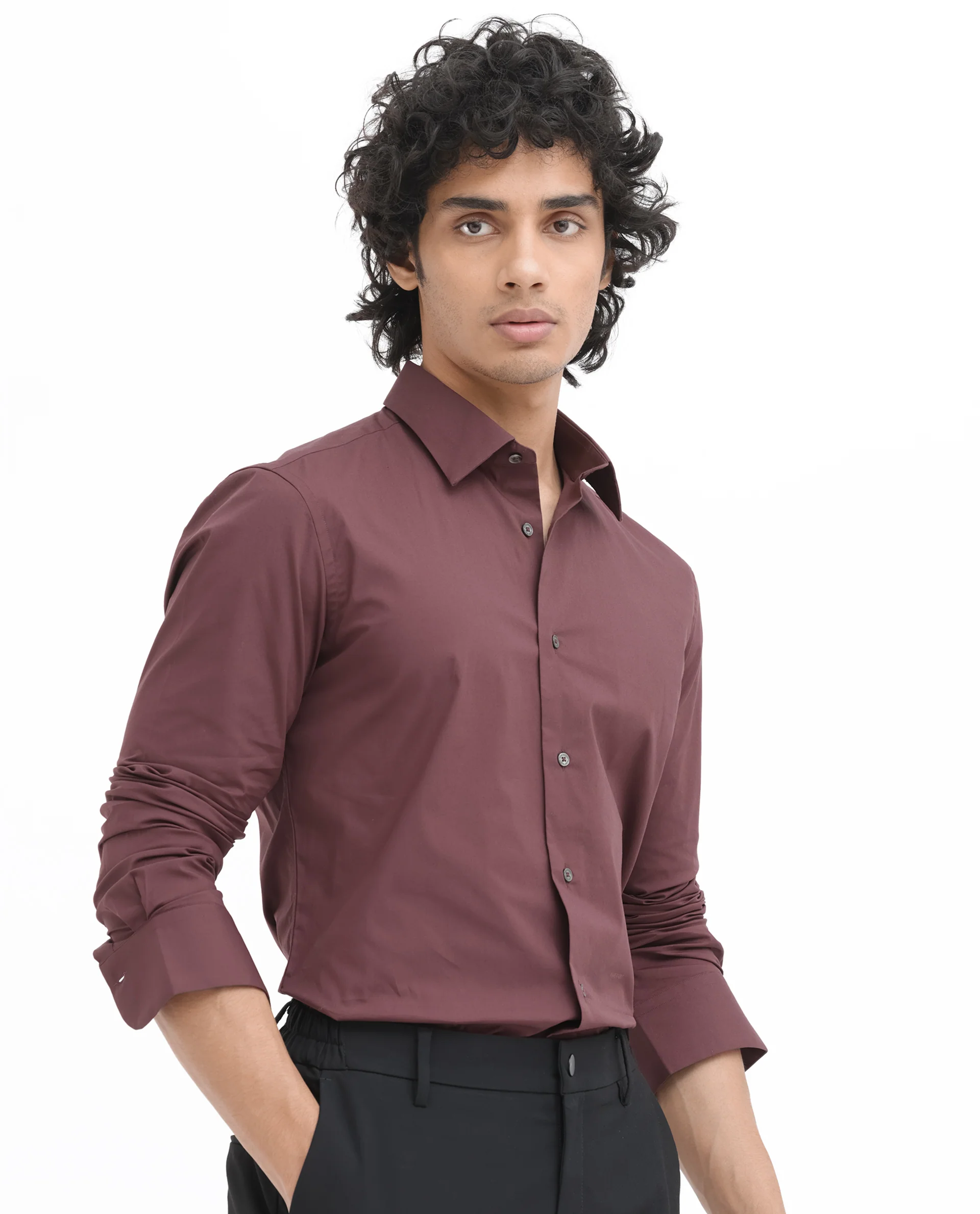 Rare Rabbit Men's Neutron8 Dark Maroon Cotton Plain Regular Fit Full Sleeve Collared Shirt - Image 3