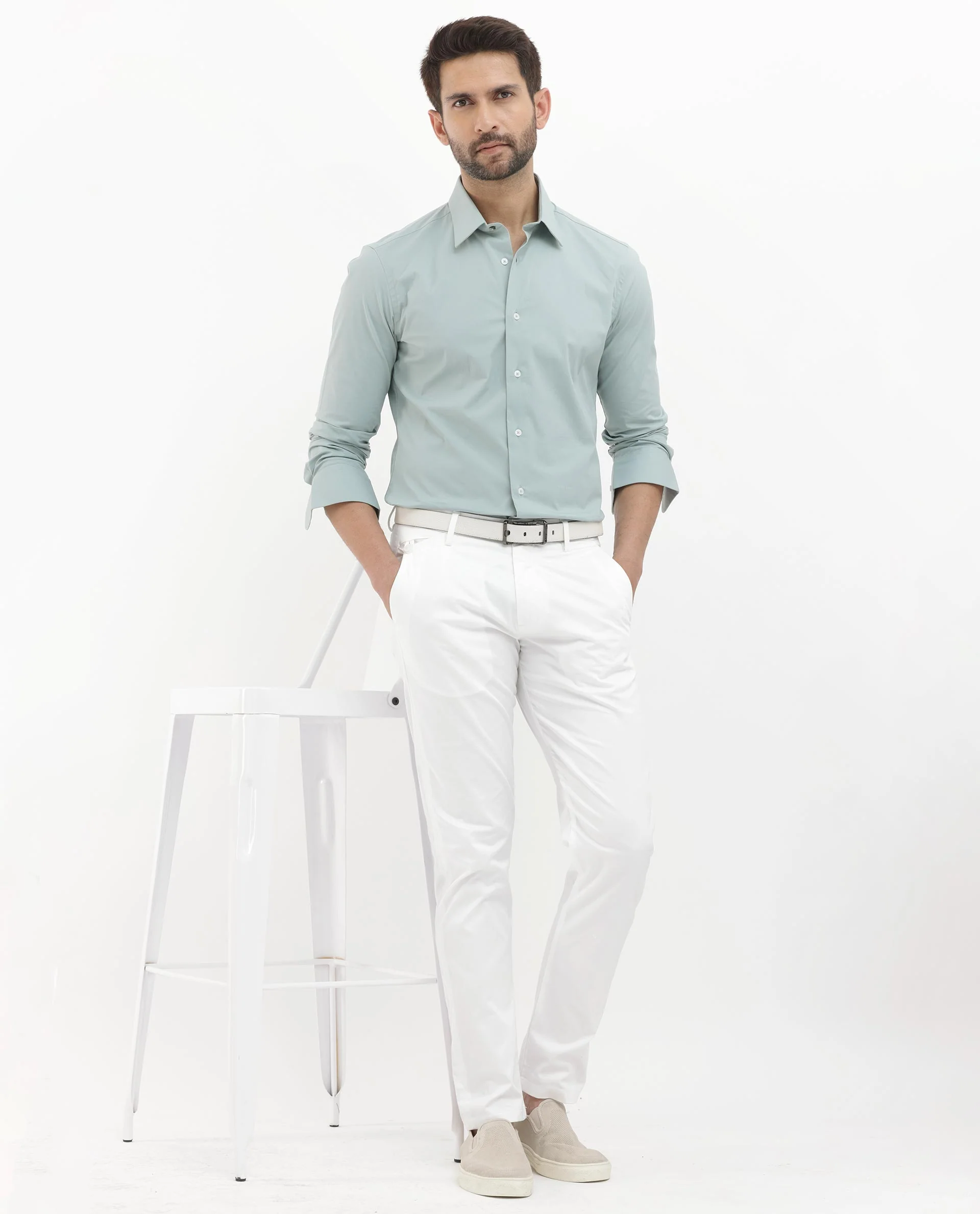 Rare Rabbit Men's Neutron8 Pastel Green Cotton Plain Regular Fit Full Sleeve Collared Shirt - Image 2