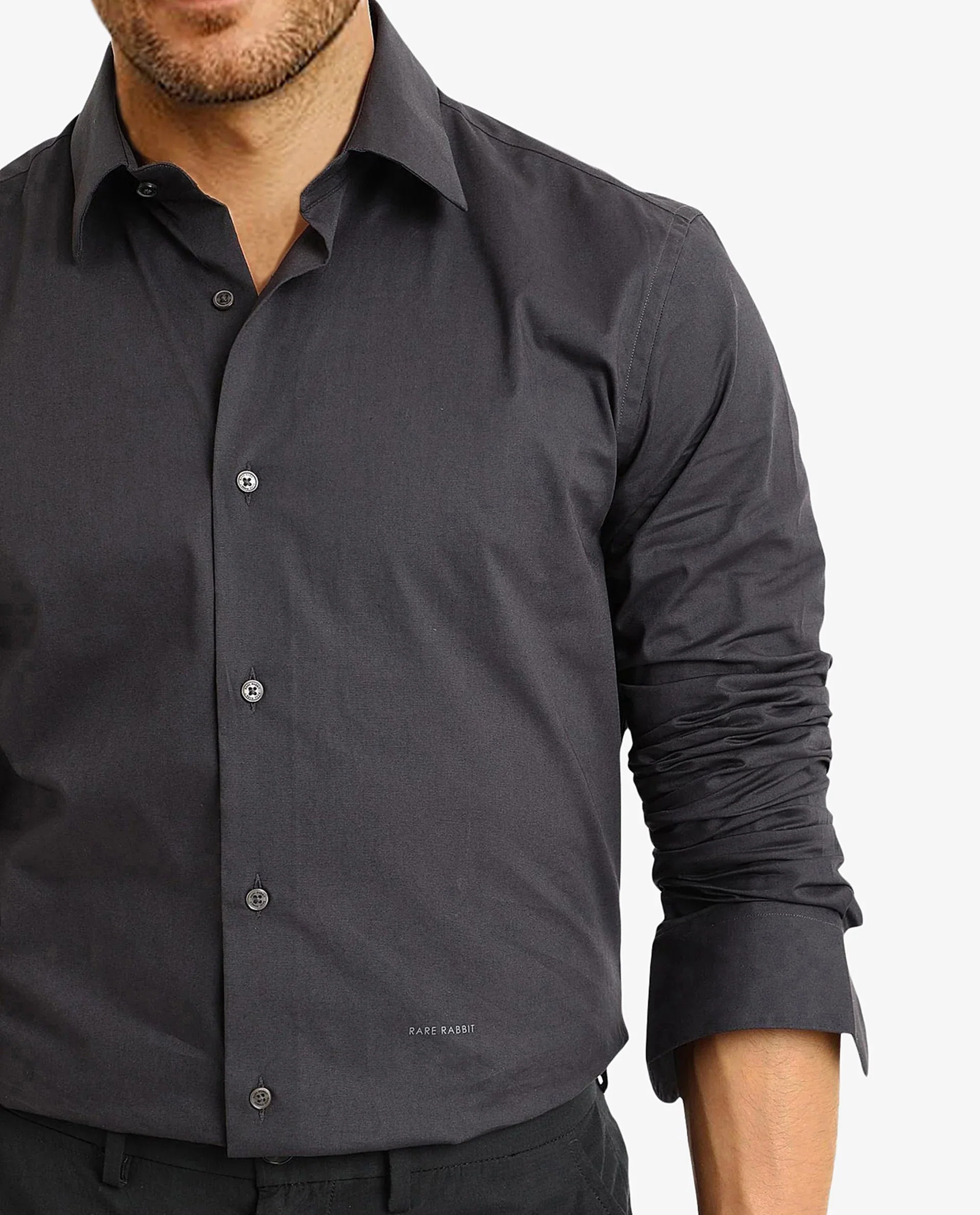 Rare Rabbit Men's Neutron-9 Dark Grey Cotton Plain Regular Fit Full Sleeve Collared Shirt - Image 3