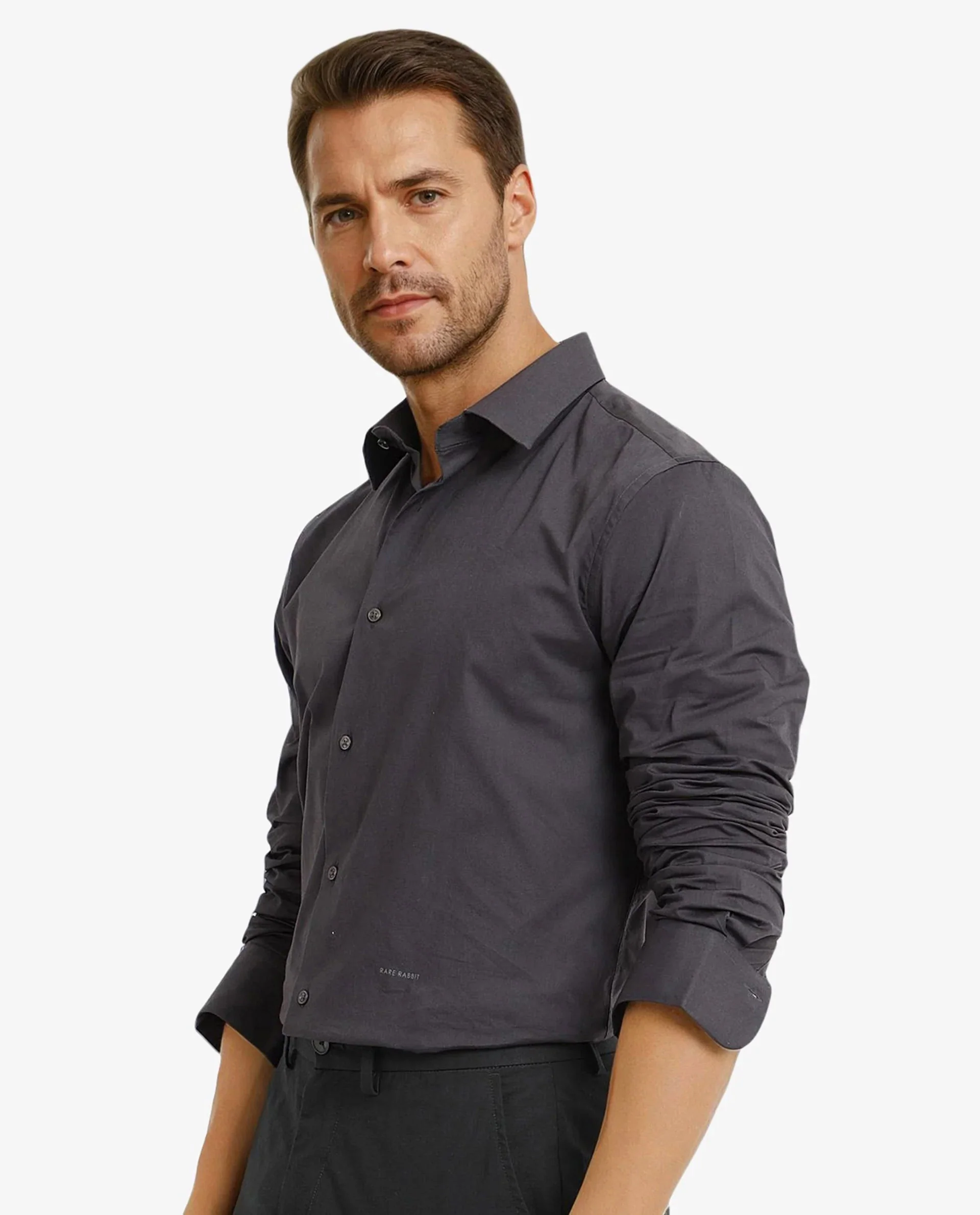 Rare Rabbit Men's Neutron-9 Dark Grey Cotton Plain Regular Fit Full Sleeve Collared Shirt - Image 4
