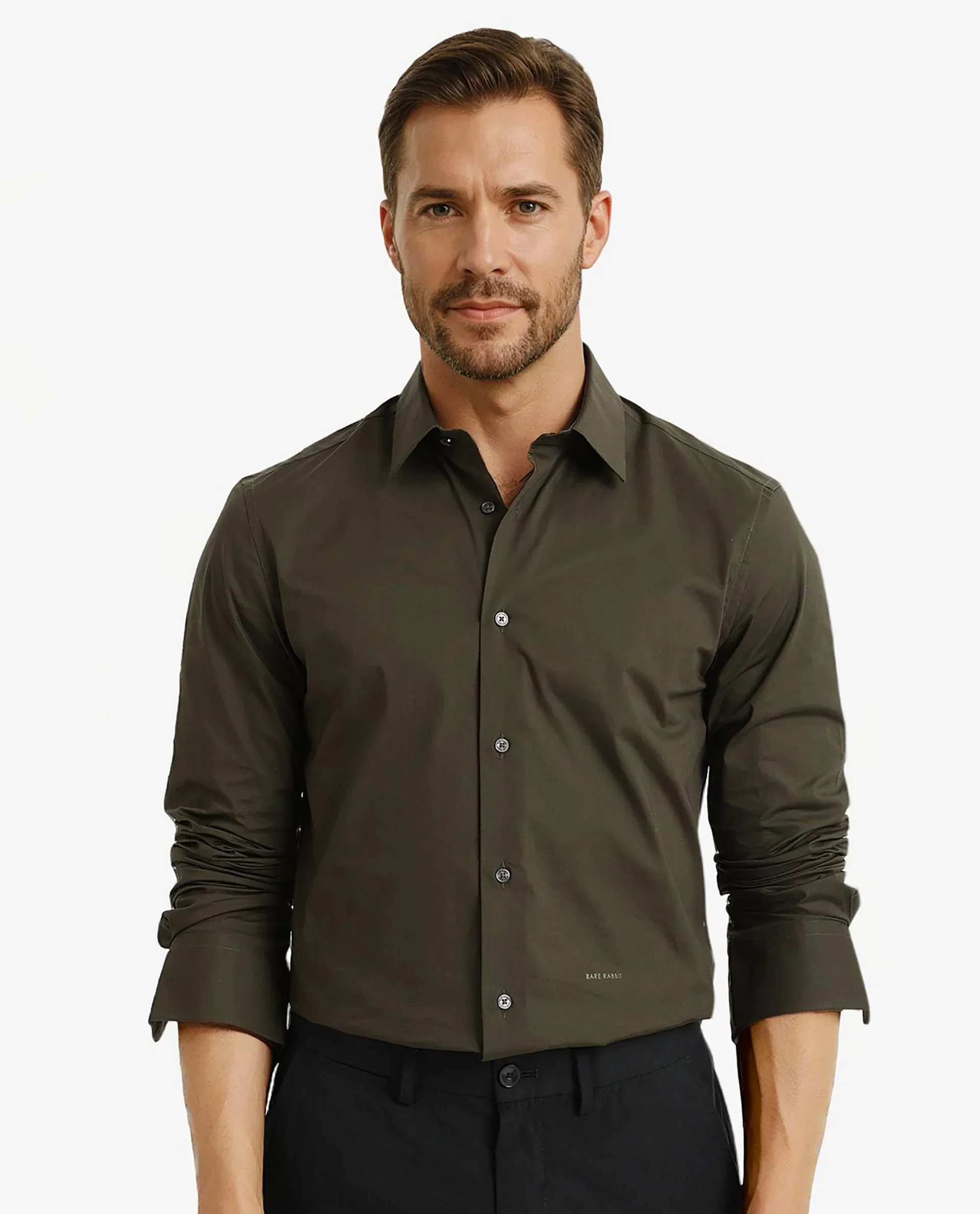 Rare Rabbit Men's Neutron-9 Olive Cotton Plain Regular Fit Full Sleeve Collared Shirt - Image 5