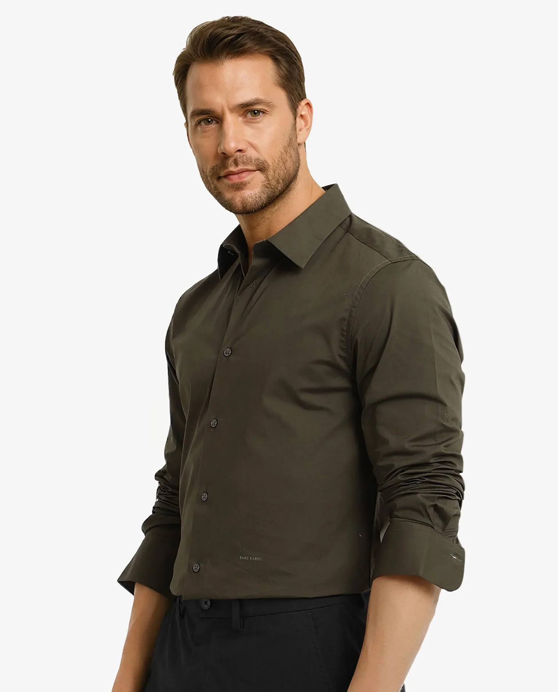 Rare Rabbit Men's Neutron-9 Olive Cotton Plain Regular Fit Full Sleeve Collared Shirt - Image 9
