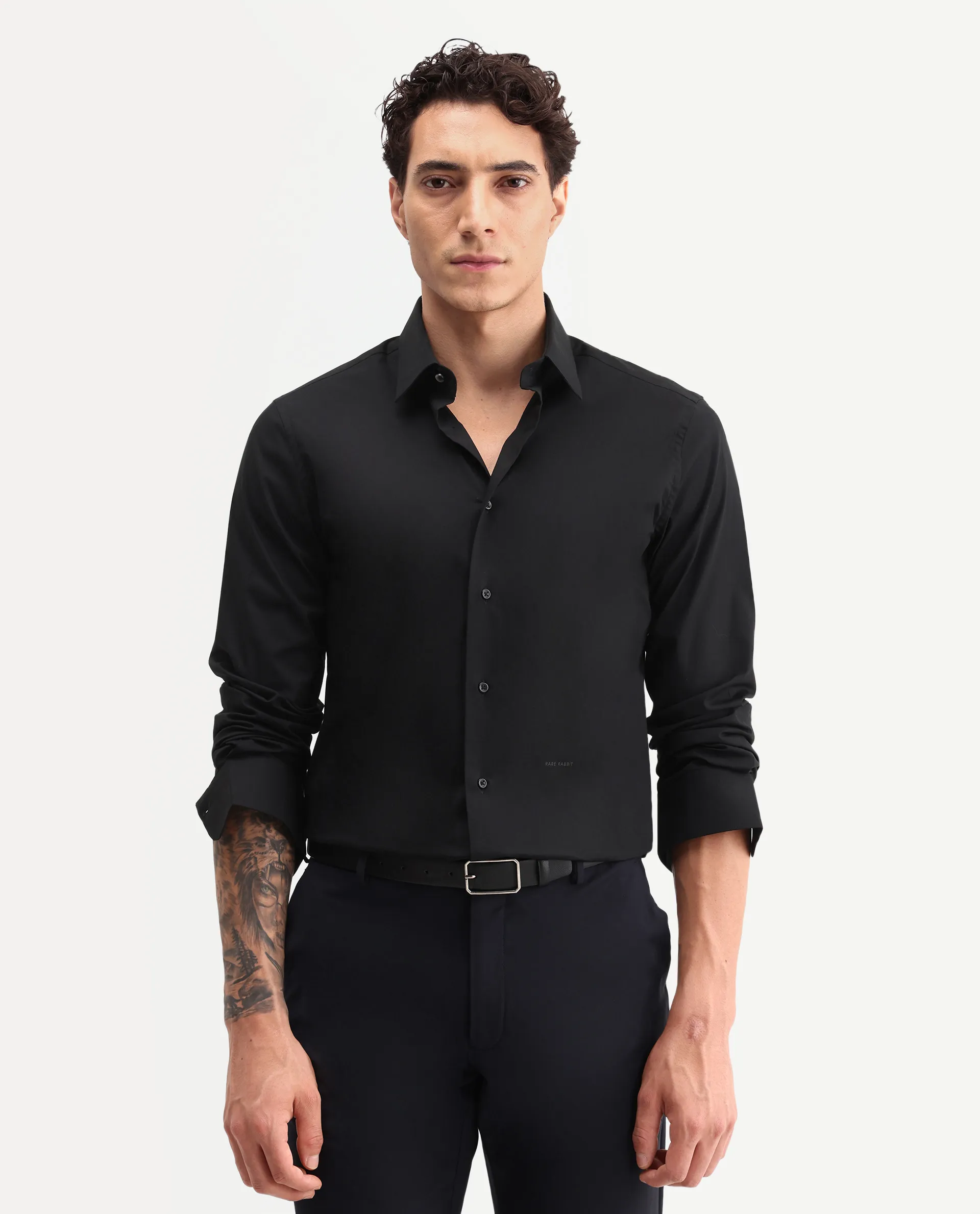 Rare Rabbit Men's Neutron-Ss26 Black Cotton Blend Full Sleeve Spread Collar Regular Fit Plain Shirt - Image 3