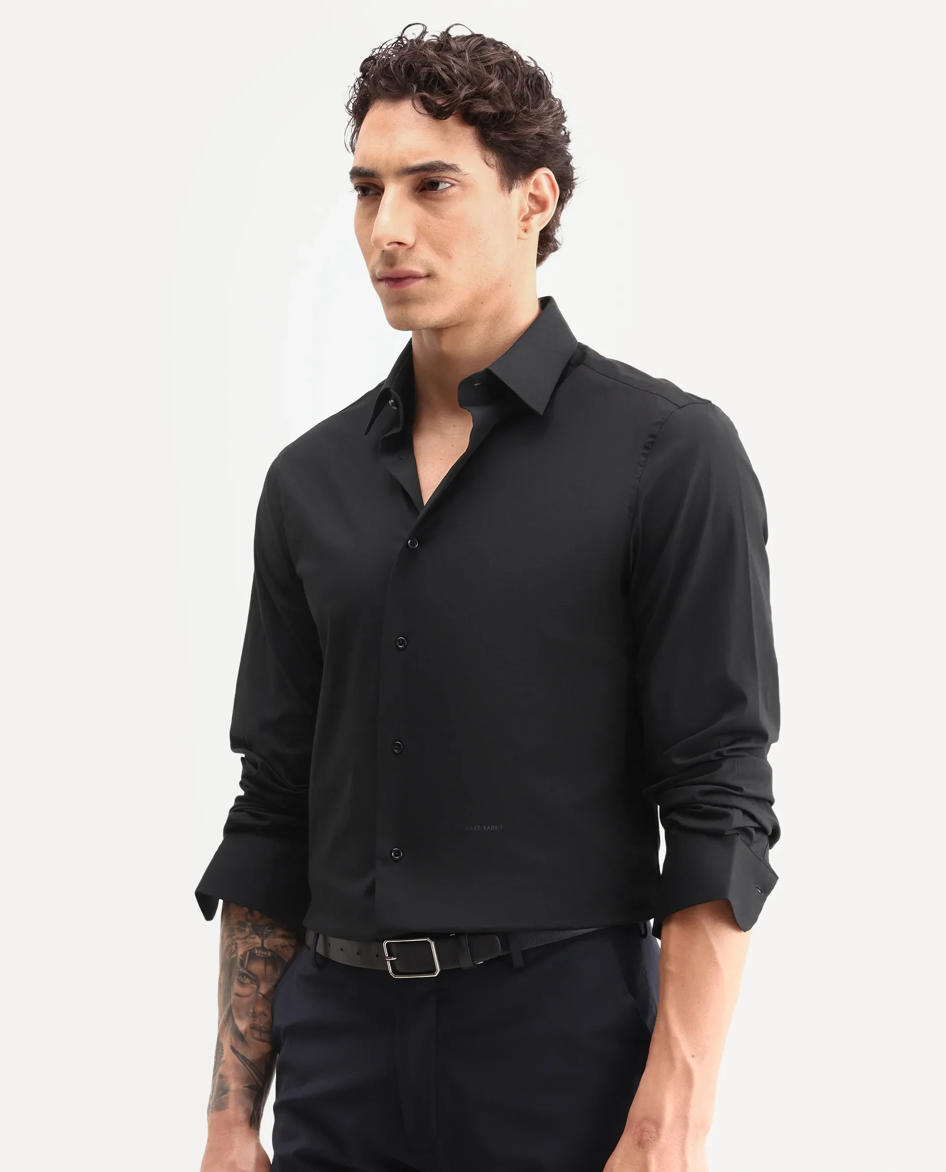 Rare Rabbit Men's Neutron-Ss26 Black Cotton Blend Full Sleeve Spread Collar Regular Fit Plain Shirt - Image 6