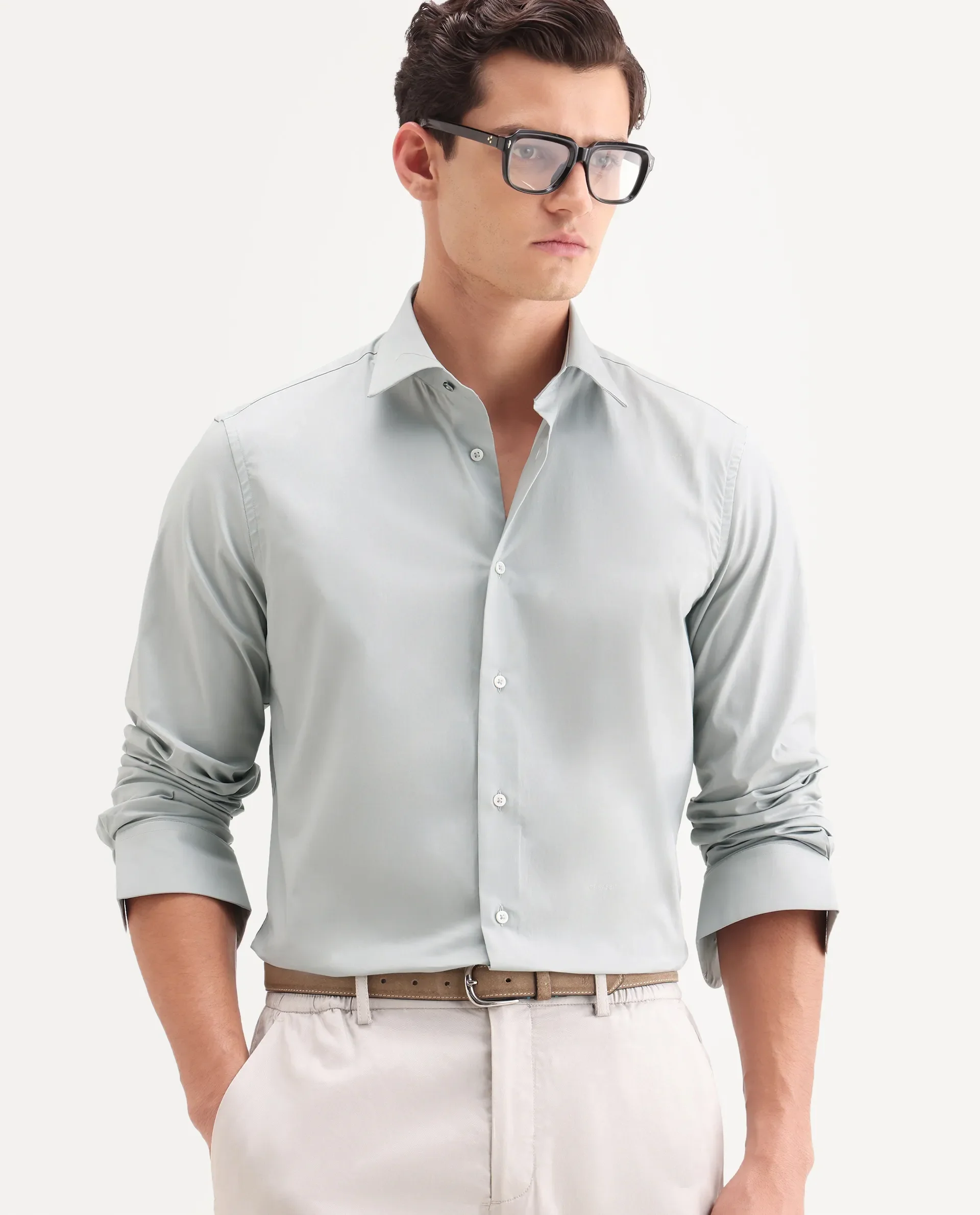 Rare Rabbit Men's Neutron-Ss26 Dusky Green Cotton Blend Full Sleeve Spread Collar Regular Fit Plain Shirt