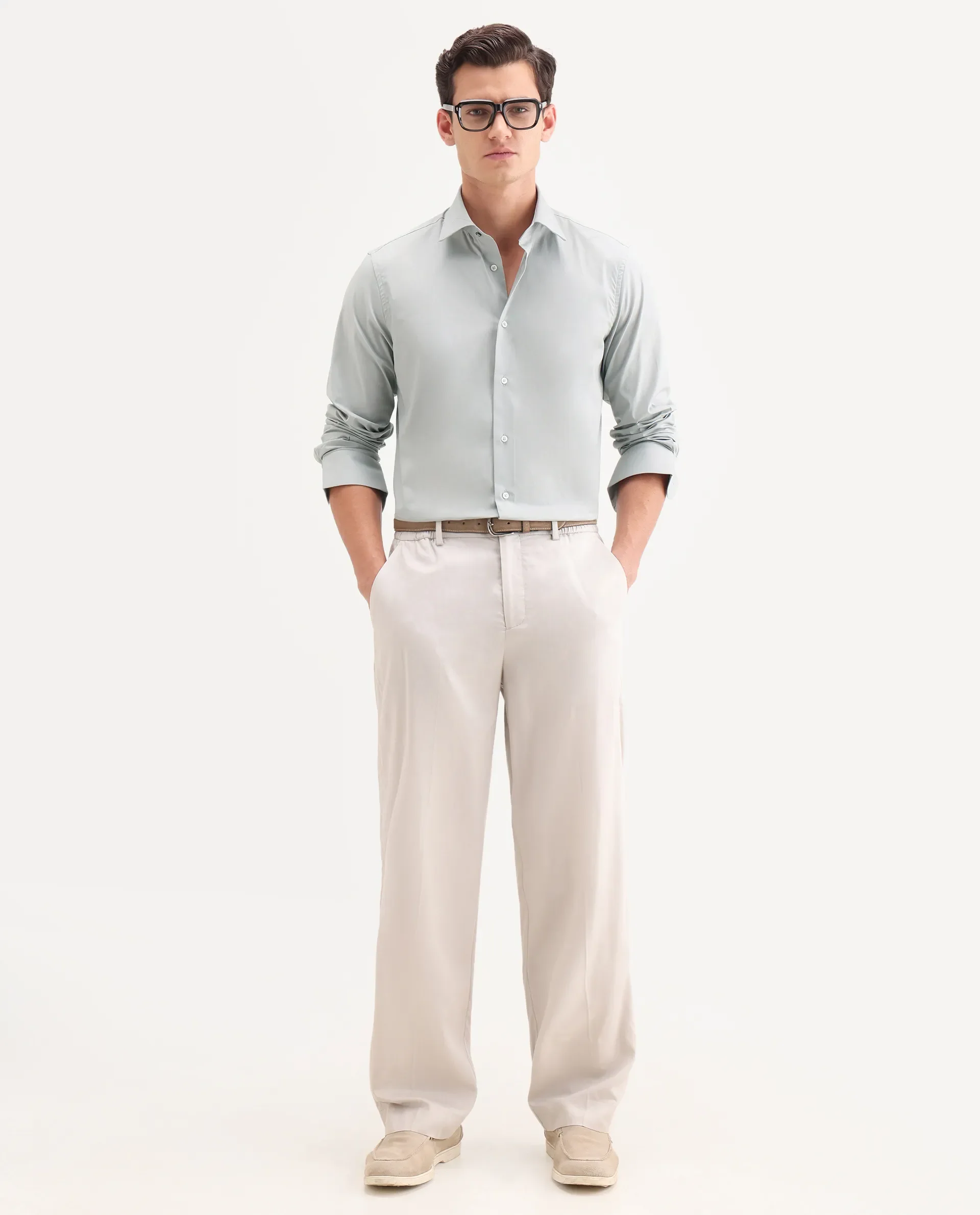 Rare Rabbit Men's Neutron-Ss26 Dusky Green Cotton Blend Full Sleeve Spread Collar Regular Fit Plain Shirt - Image 2