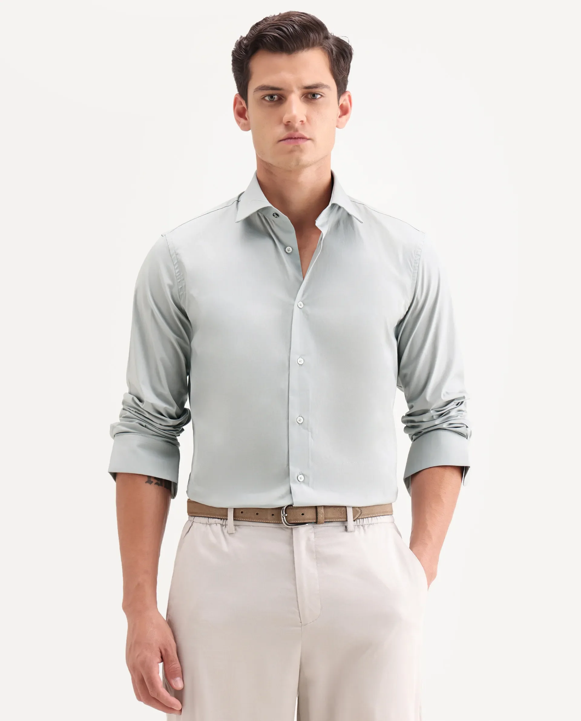 Rare Rabbit Men's Neutron-Ss26 Dusky Green Cotton Blend Full Sleeve Spread Collar Regular Fit Plain Shirt - Image 4