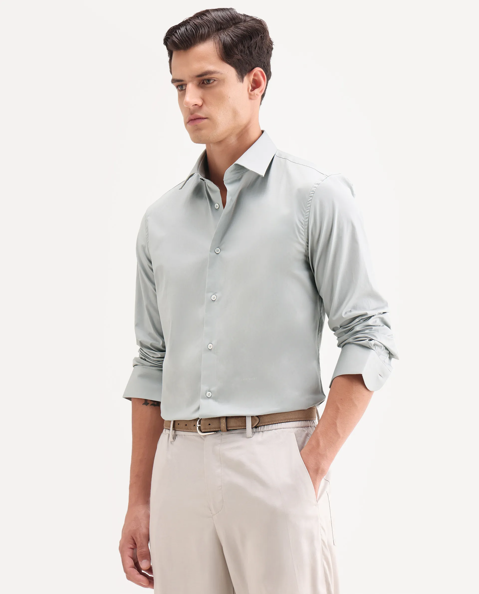 Rare Rabbit Men's Neutron-Ss26 Dusky Green Cotton Blend Full Sleeve Spread Collar Regular Fit Plain Shirt - Image 5