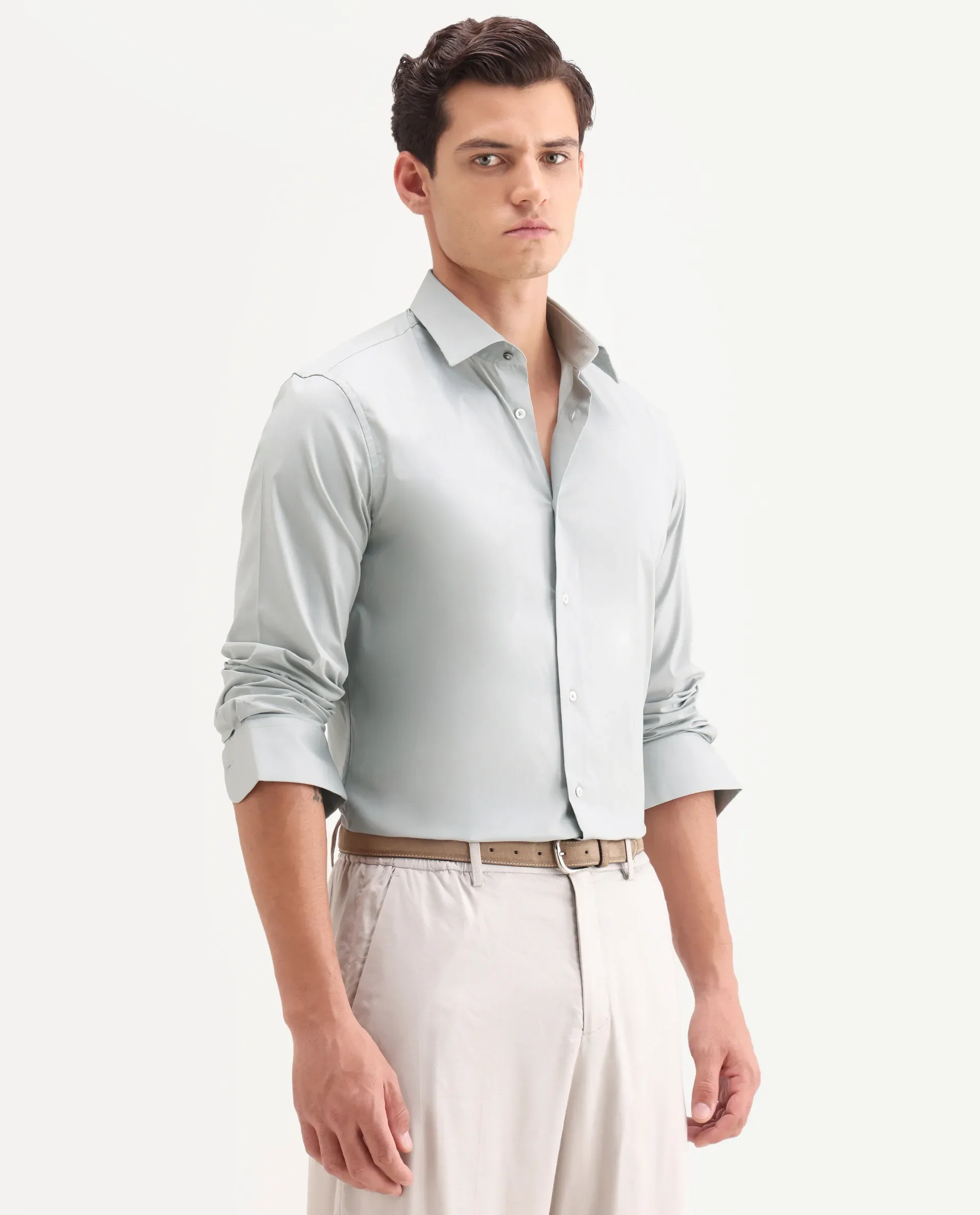 Rare Rabbit Men's Neutron-Ss26 Dusky Green Cotton Blend Full Sleeve Spread Collar Regular Fit Plain Shirt - Image 6