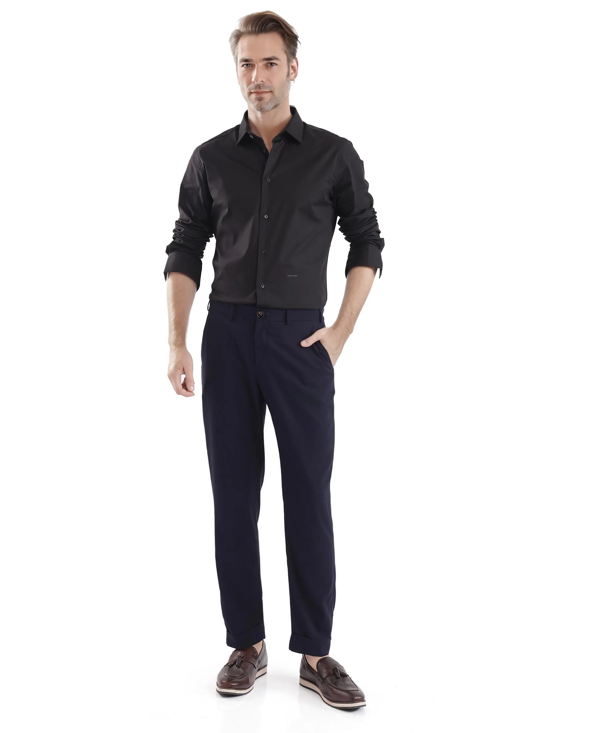 Rare Rabbit Men's Neutron-Uni Black Cotton Plain Regular Fit Full Sleeve Collared Shirt - Image 2