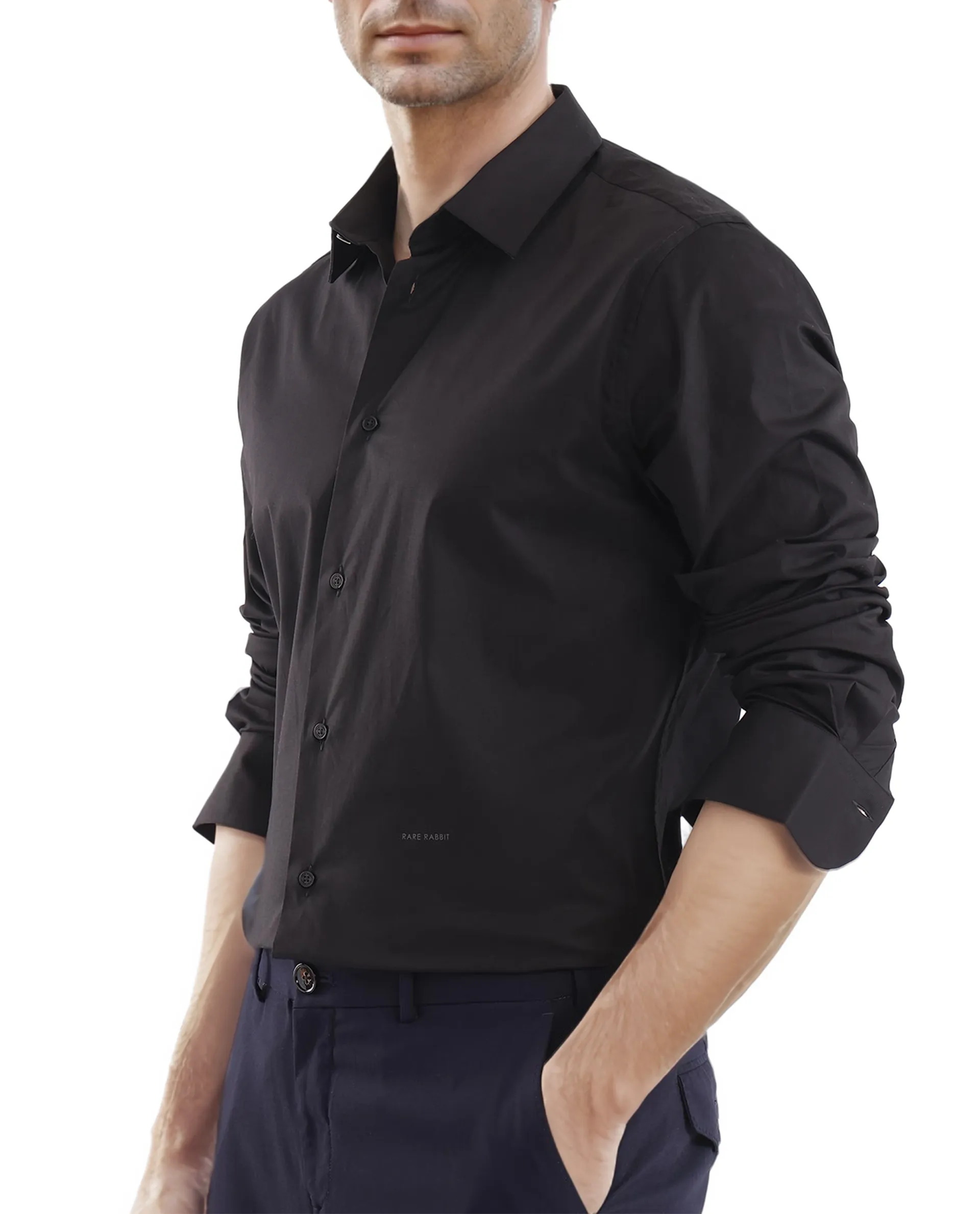 Rare Rabbit Men's Neutron-Uni Black Cotton Plain Regular Fit Full Sleeve Collared Shirt - Image 3