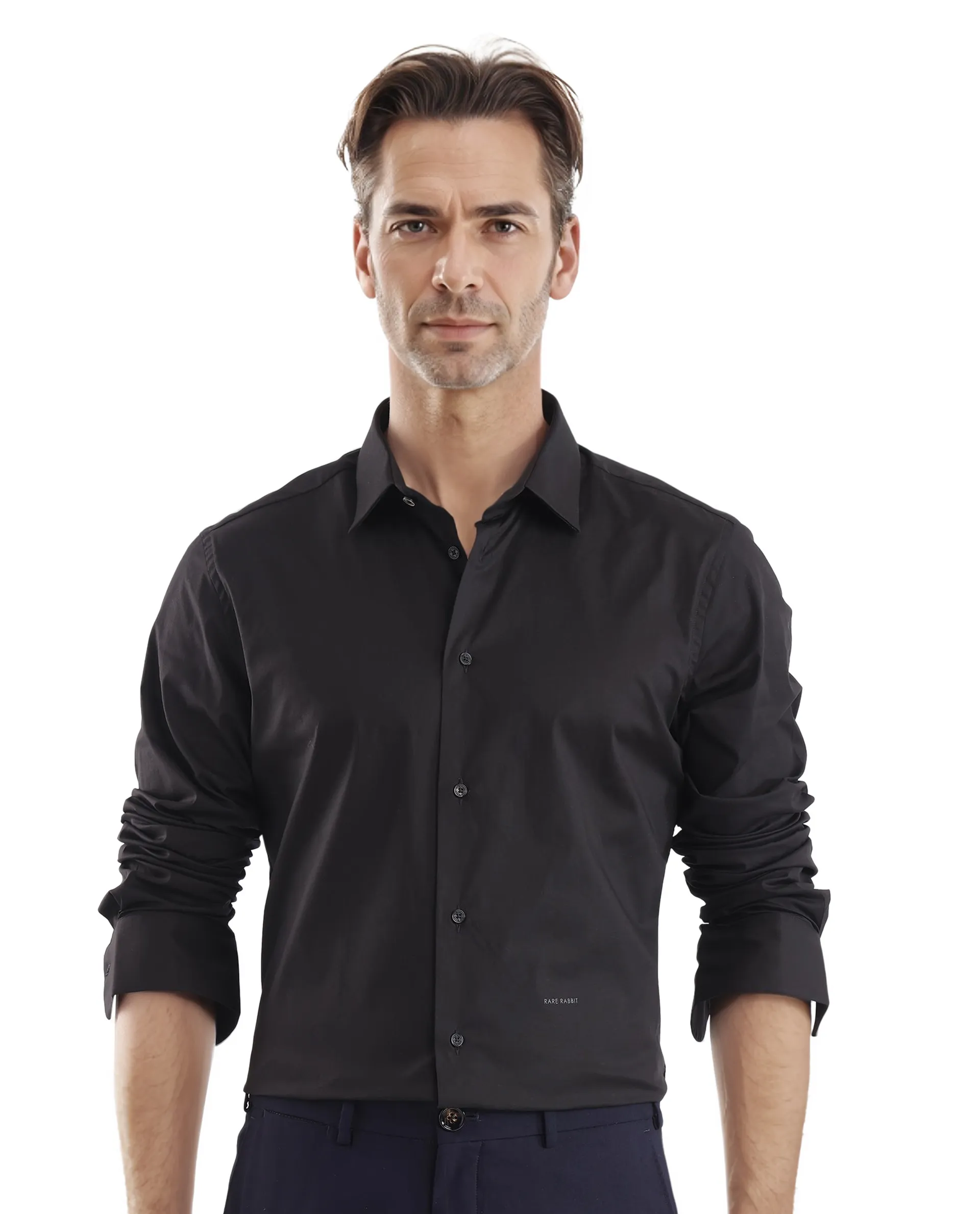 Rare Rabbit Men's Neutron-Uni Black Cotton Plain Regular Fit Full Sleeve Collared Shirt - Image 5