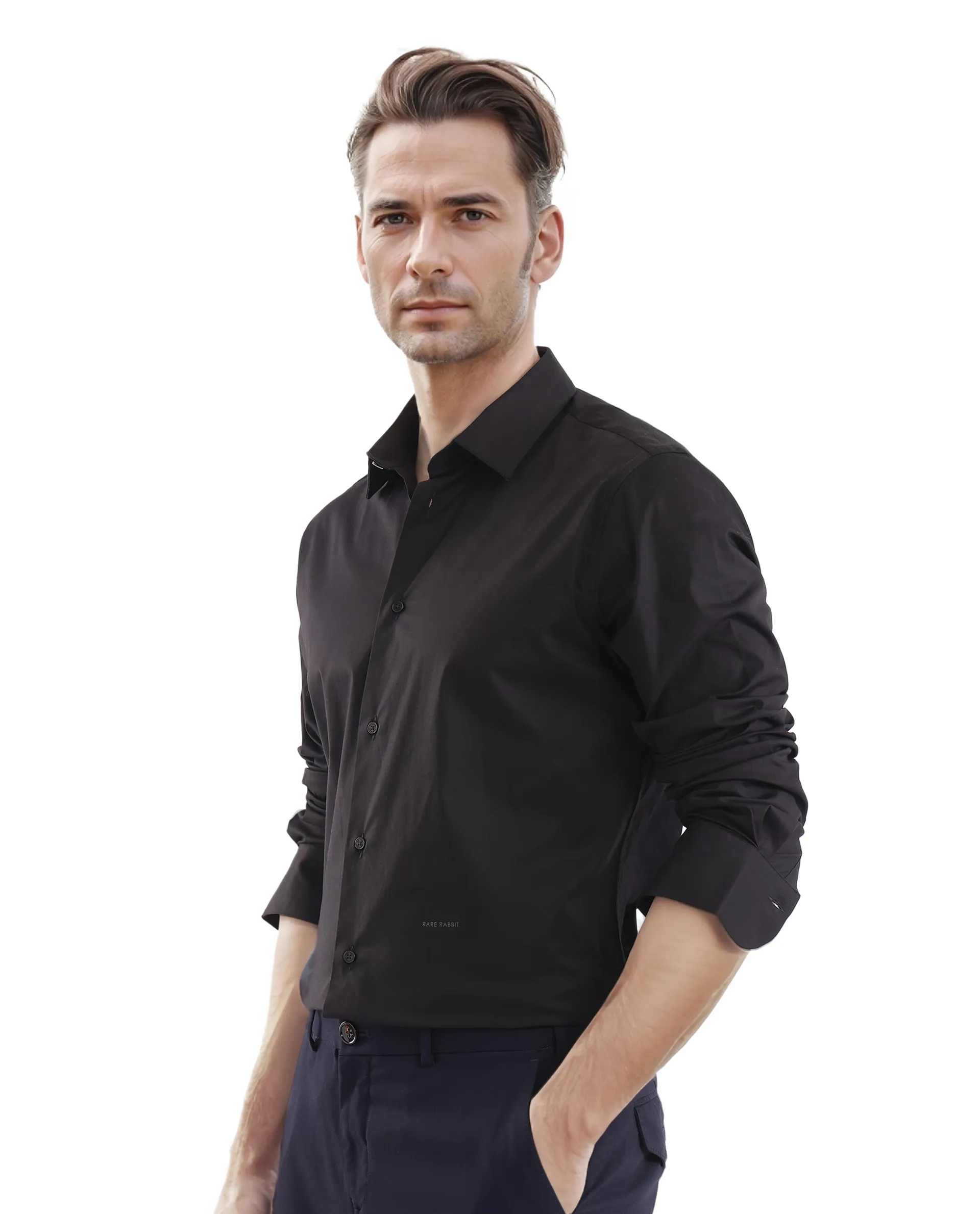 Rare Rabbit Men's Neutron-Uni Black Cotton Plain Regular Fit Full Sleeve Collared Shirt - Image 6