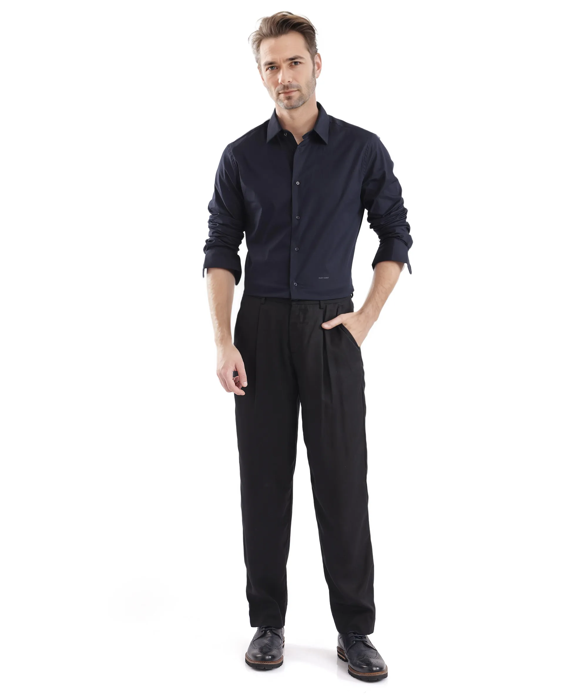 Rare Rabbit Men's Neutron-Uni Navy Cotton Plain Regular Fit Full Sleeve Collared Shirt - Image 2