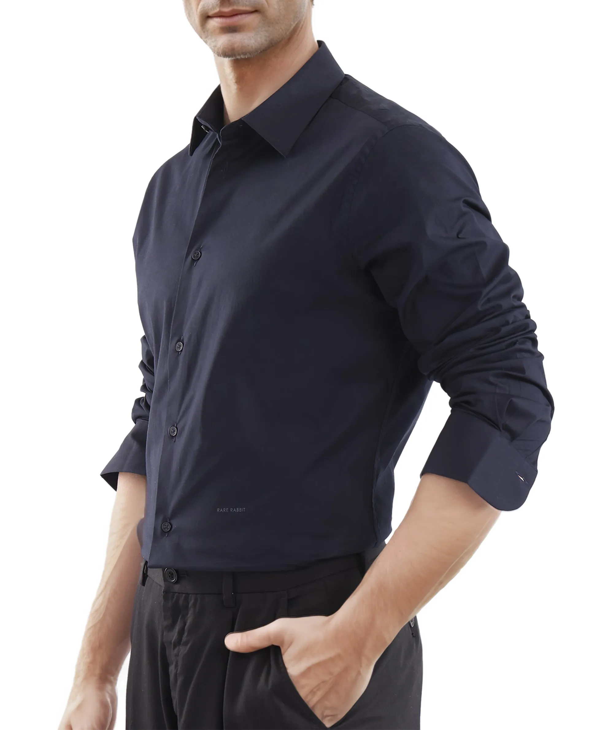 Rare Rabbit Men's Neutron-Uni Navy Cotton Plain Regular Fit Full Sleeve Collared Shirt - Image 3