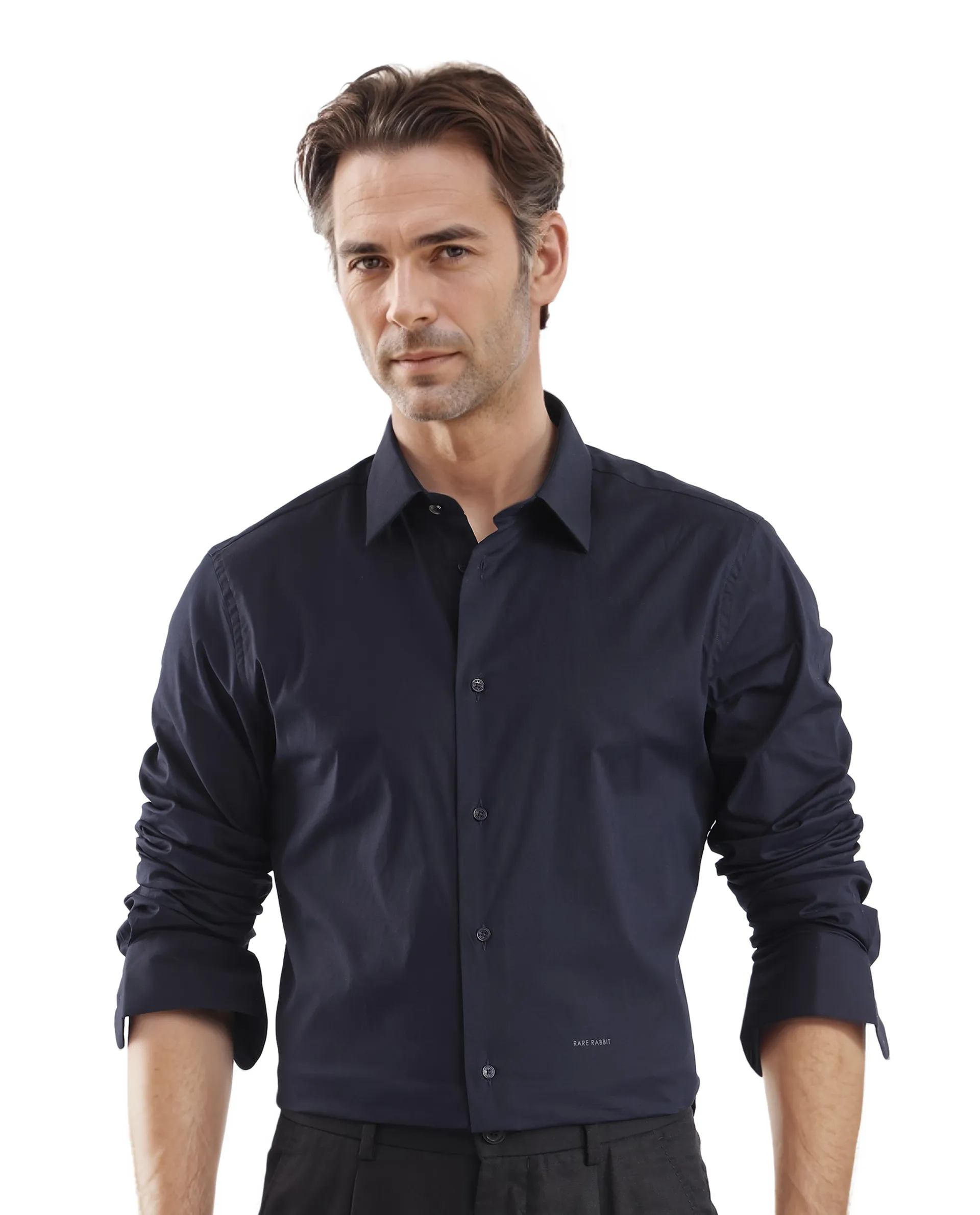 Rare Rabbit Men's Neutron-Uni Navy Cotton Plain Regular Fit Full Sleeve Collared Shirt - Image 5