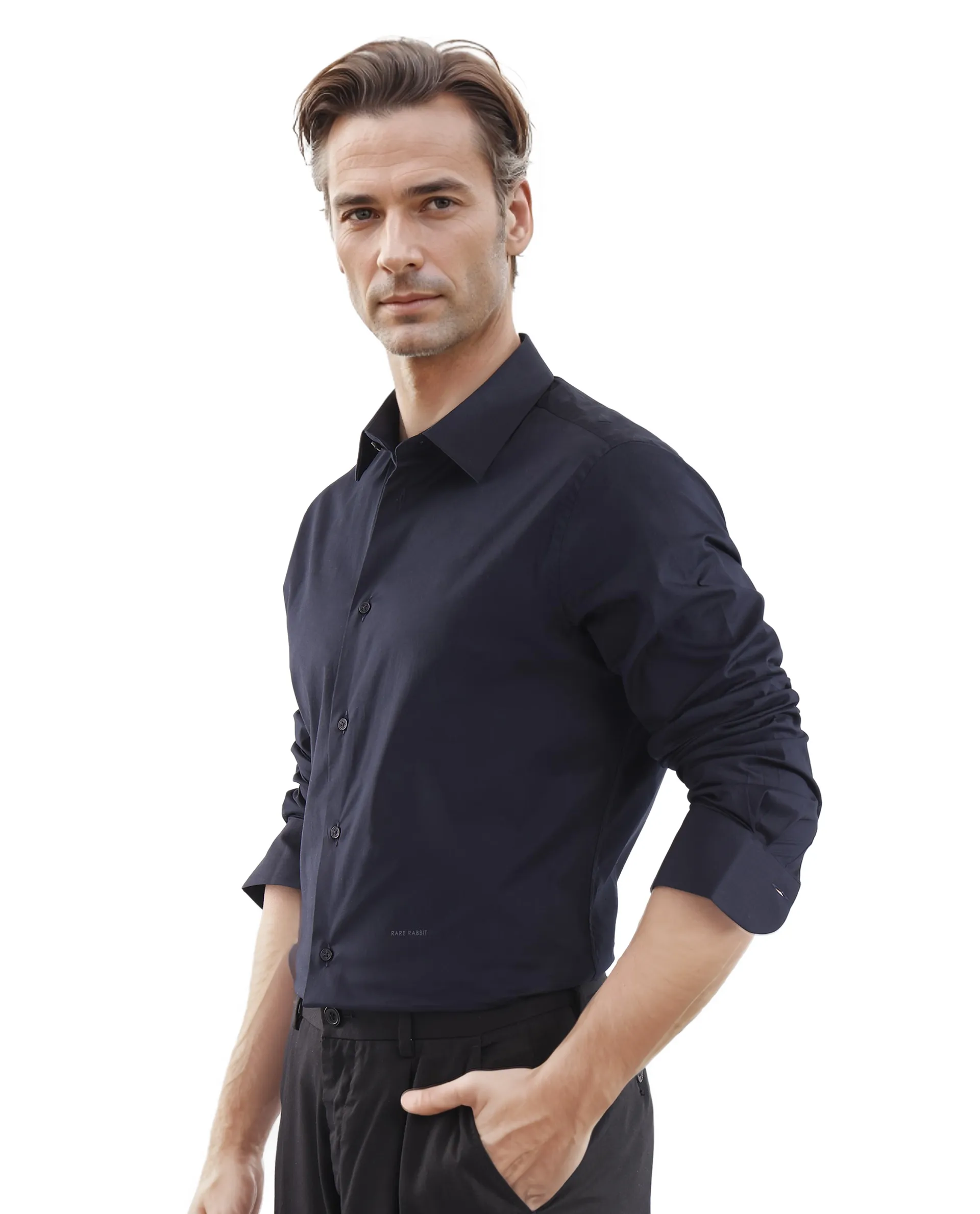 Rare Rabbit Men's Neutron-Uni Navy Cotton Plain Regular Fit Full Sleeve Collared Shirt - Image 7