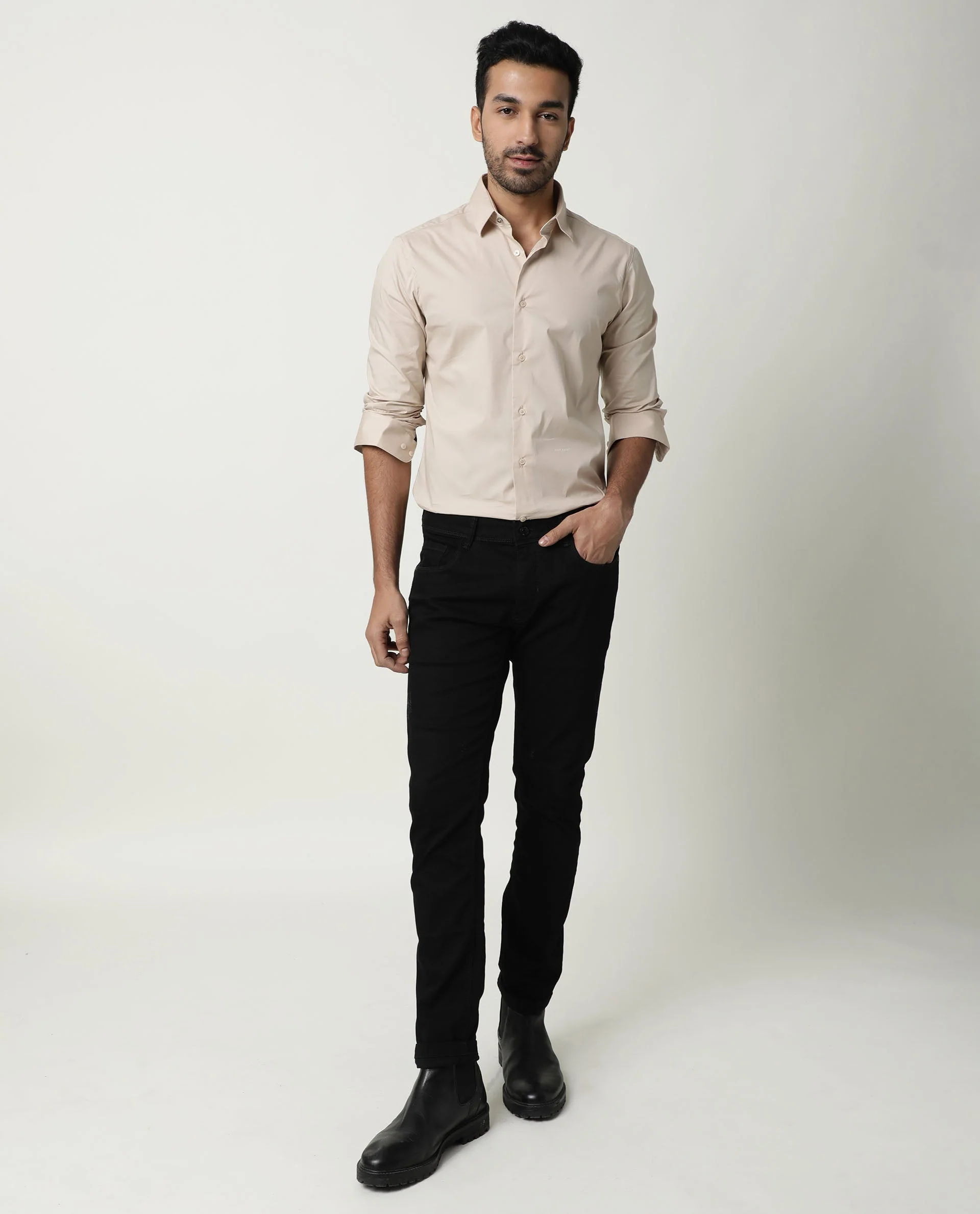 Rare Rabbit Men's Neutrons Beige Cotton Plain Regular Fit Full Sleeve Collared Shirt - Image 2