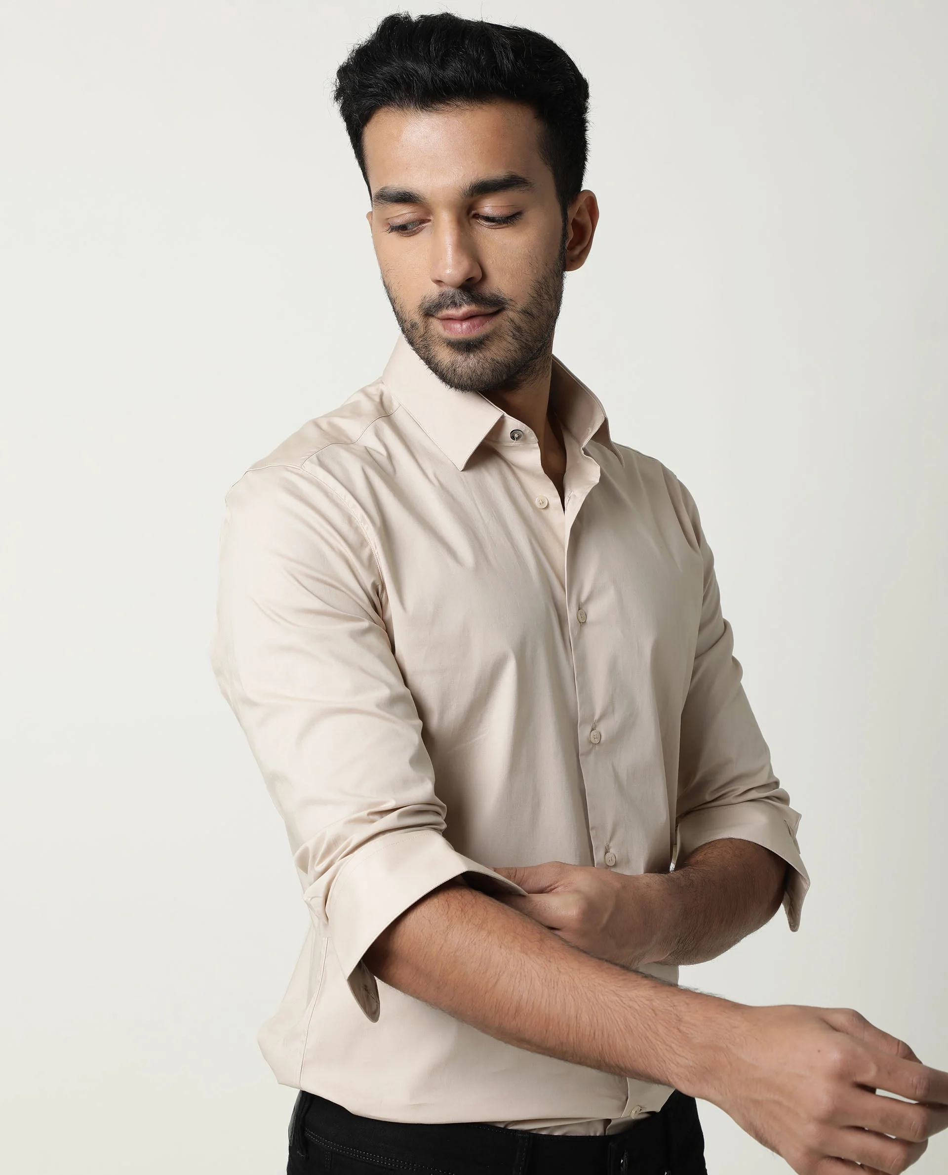 Rare Rabbit Men's Neutrons Beige Cotton Plain Regular Fit Full Sleeve Collared Shirt - Image 5