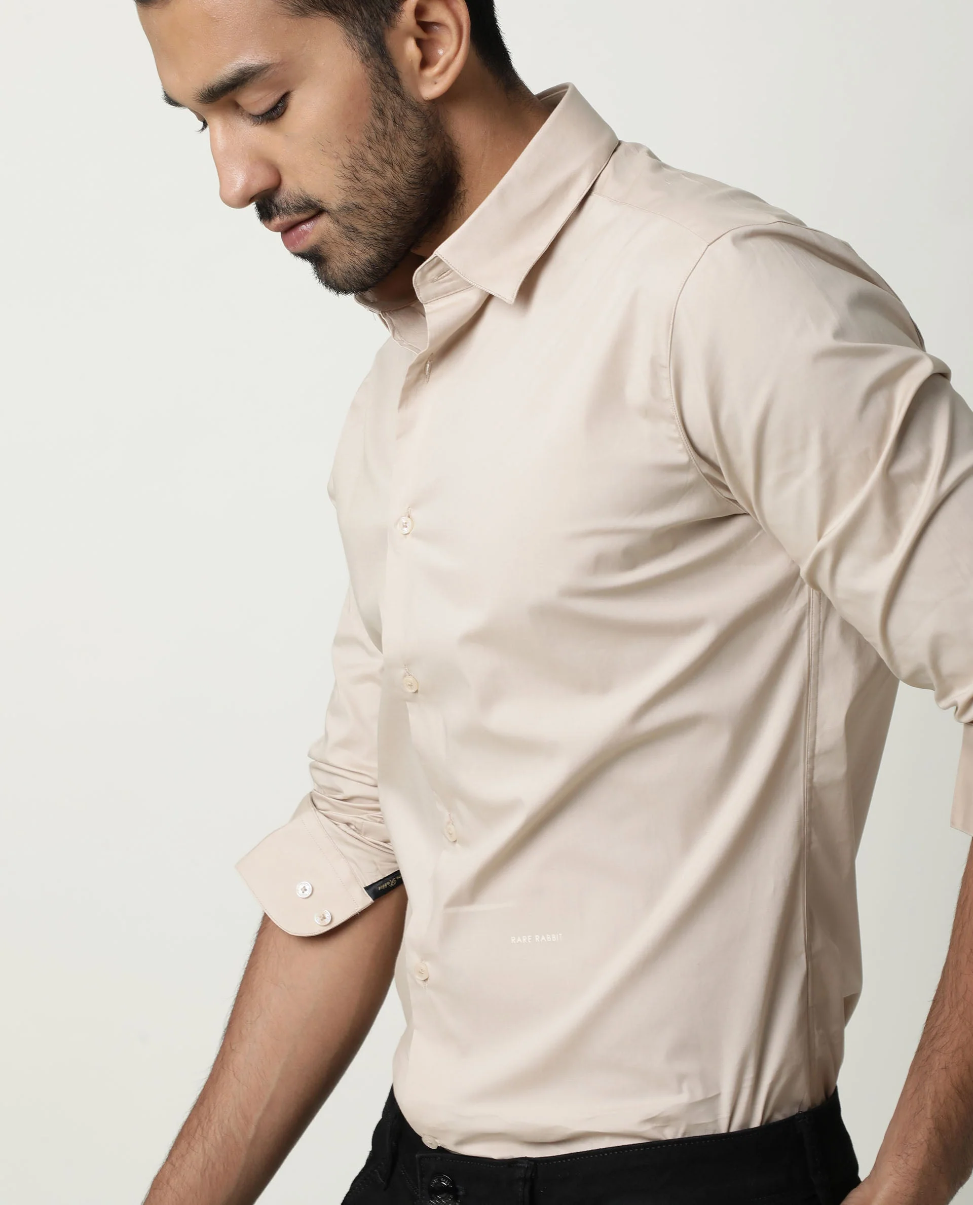 Rare Rabbit Men's Neutrons Beige Cotton Plain Regular Fit Full Sleeve Collared Shirt - Image 6