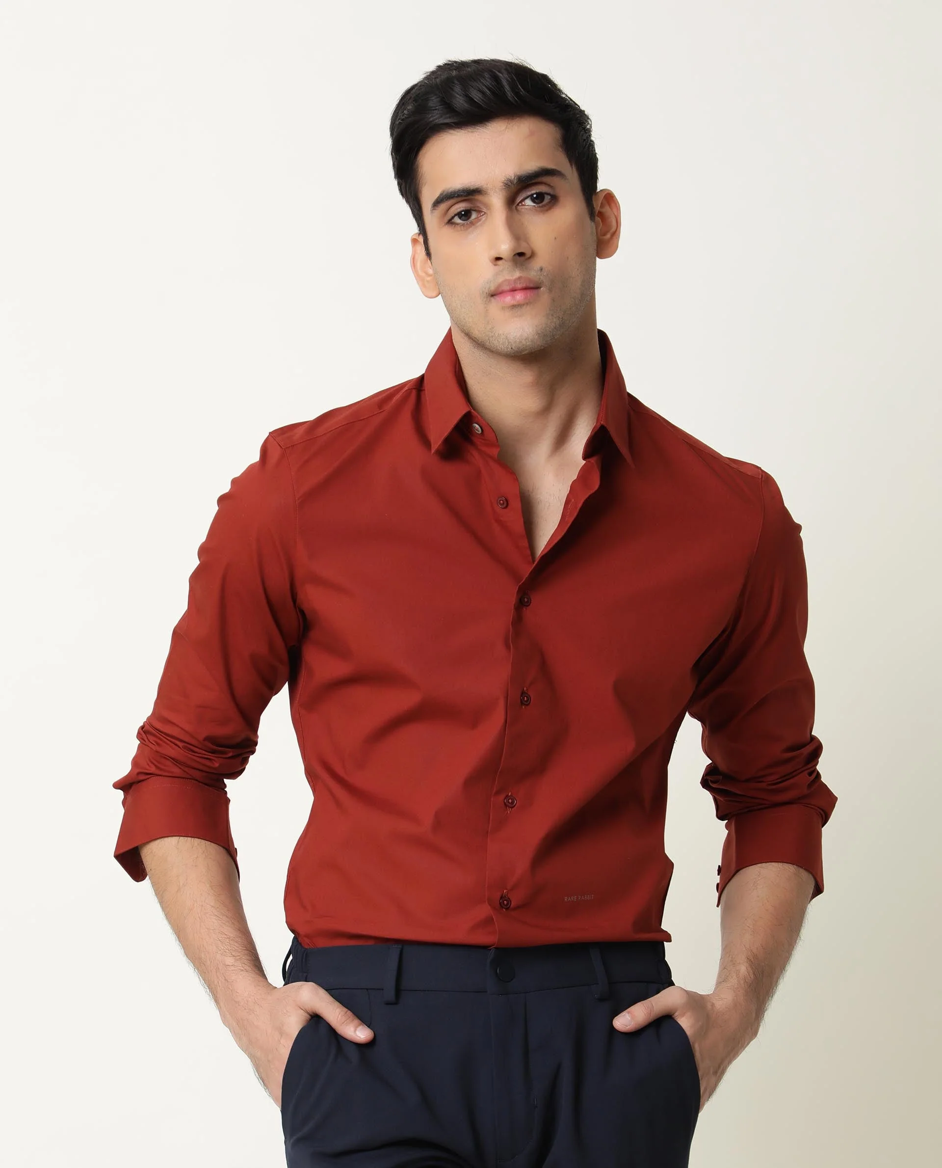 Rare Rabbit Men's Neutrons Rust Cotton Regular Fit Full Sleeve Spread Collar Shirt