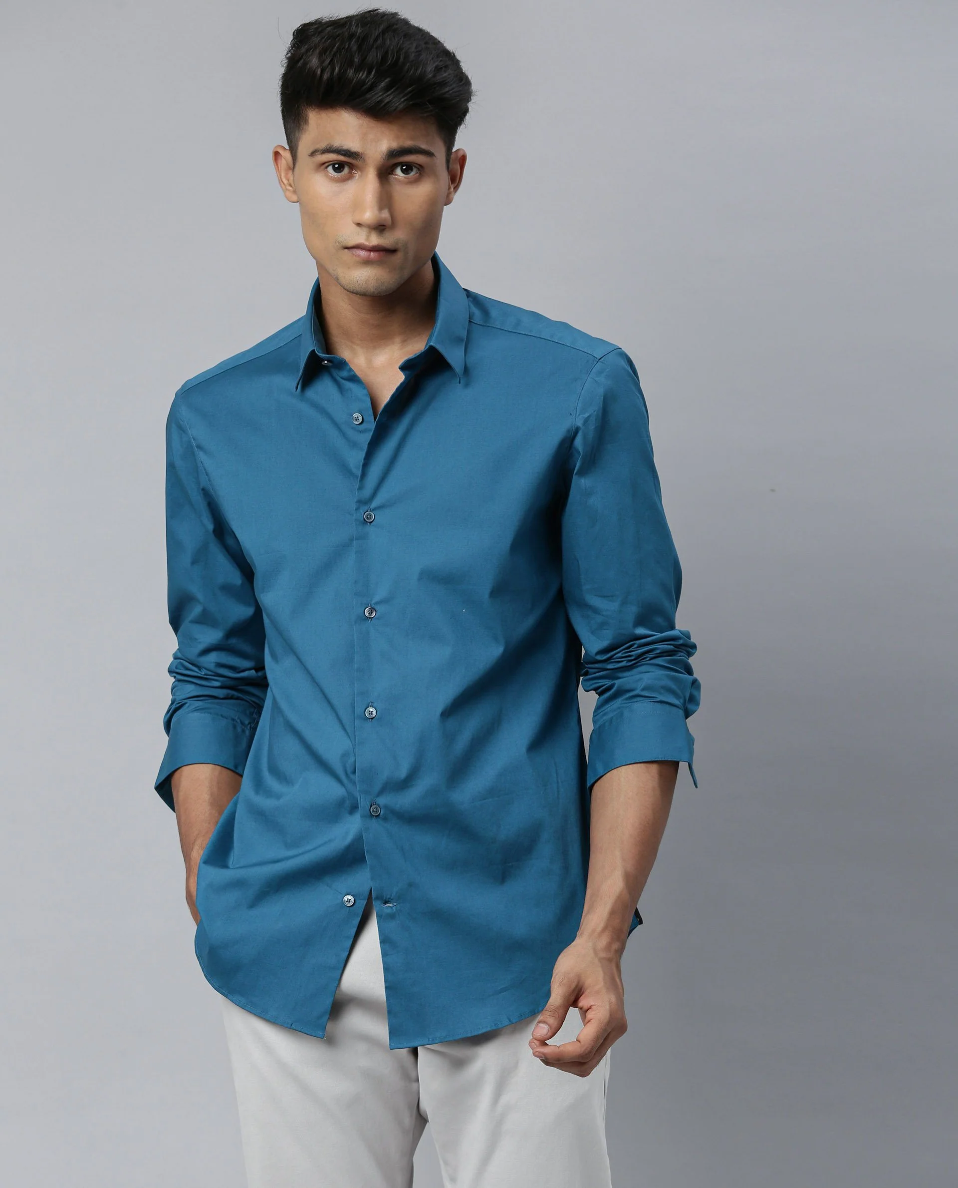 Rare Rabbit Men's Neutrons Petrol Cotton Plain Regular Fit Full Sleeve Collared Shirt - Image 2