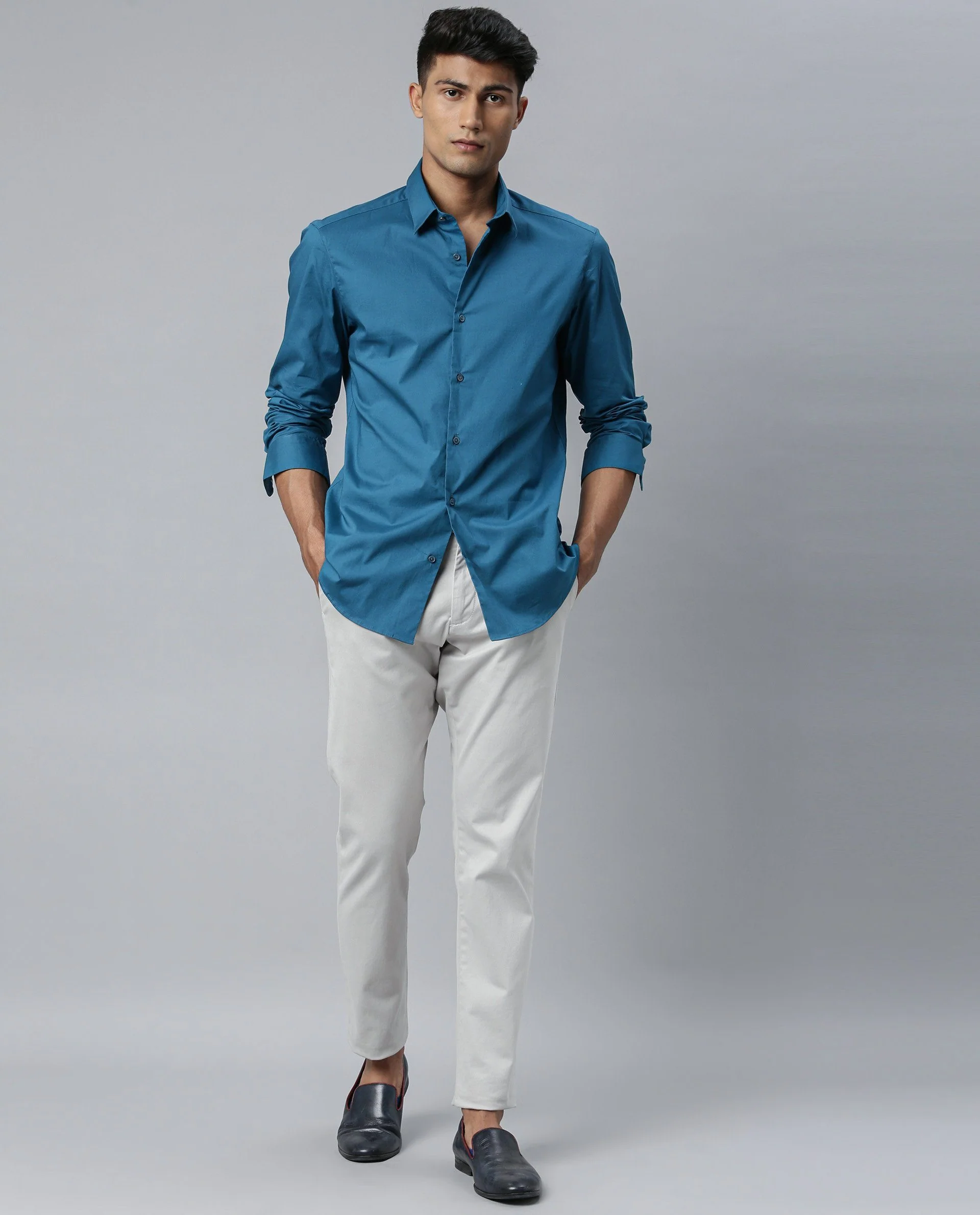 Rare Rabbit Men's Neutrons Petrol Cotton Plain Regular Fit Full Sleeve Collared Shirt - Image 3