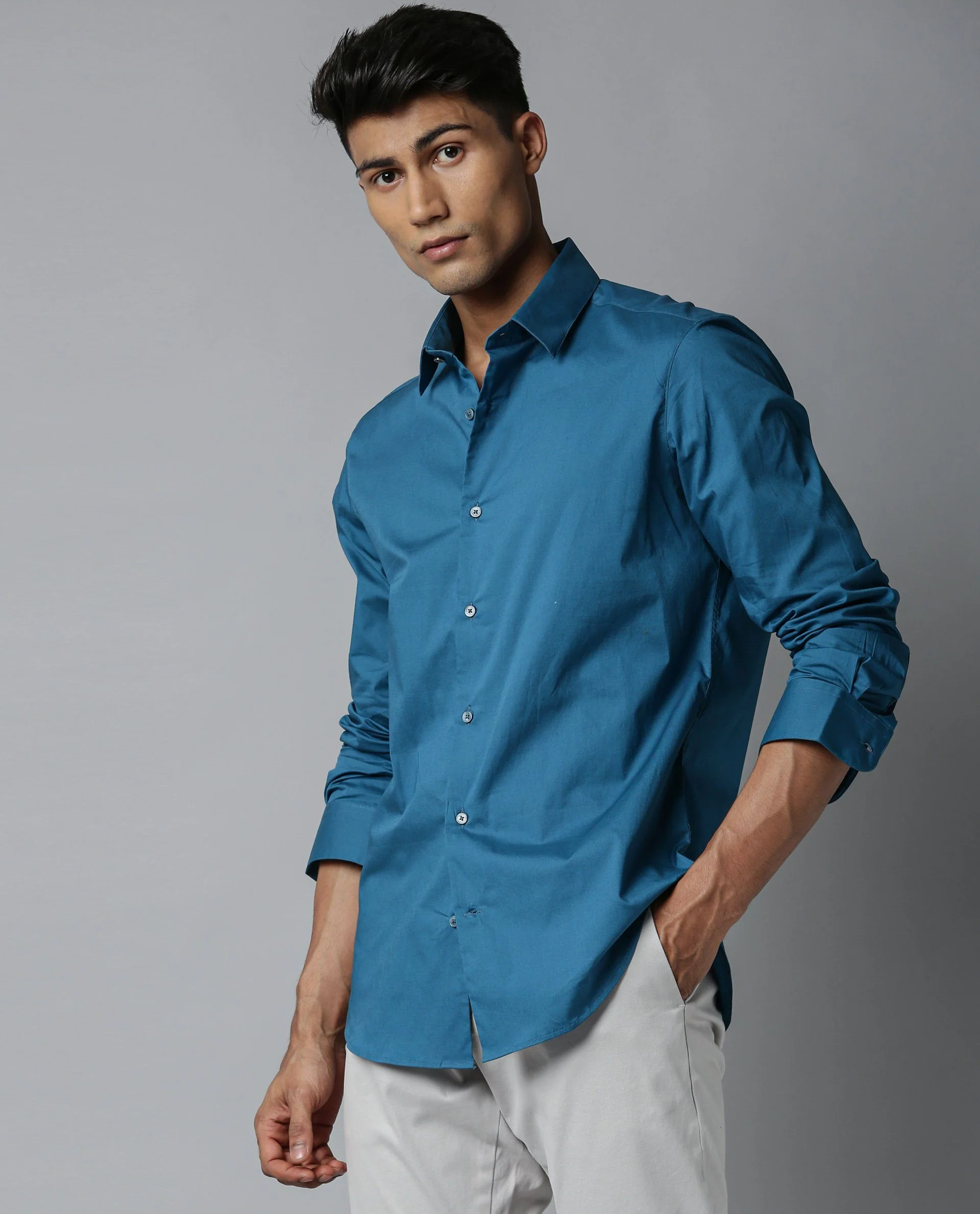 Rare Rabbit Men's Neutrons Petrol Cotton Plain Regular Fit Full Sleeve Collared Shirt - Image 5