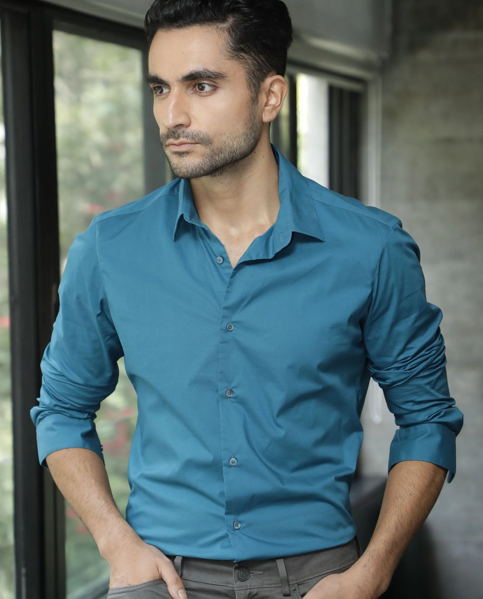 Rare Rabbit Men's Neutrons Petrol Cotton Plain Regular Fit Full Sleeve Collared Shirt - Image 6