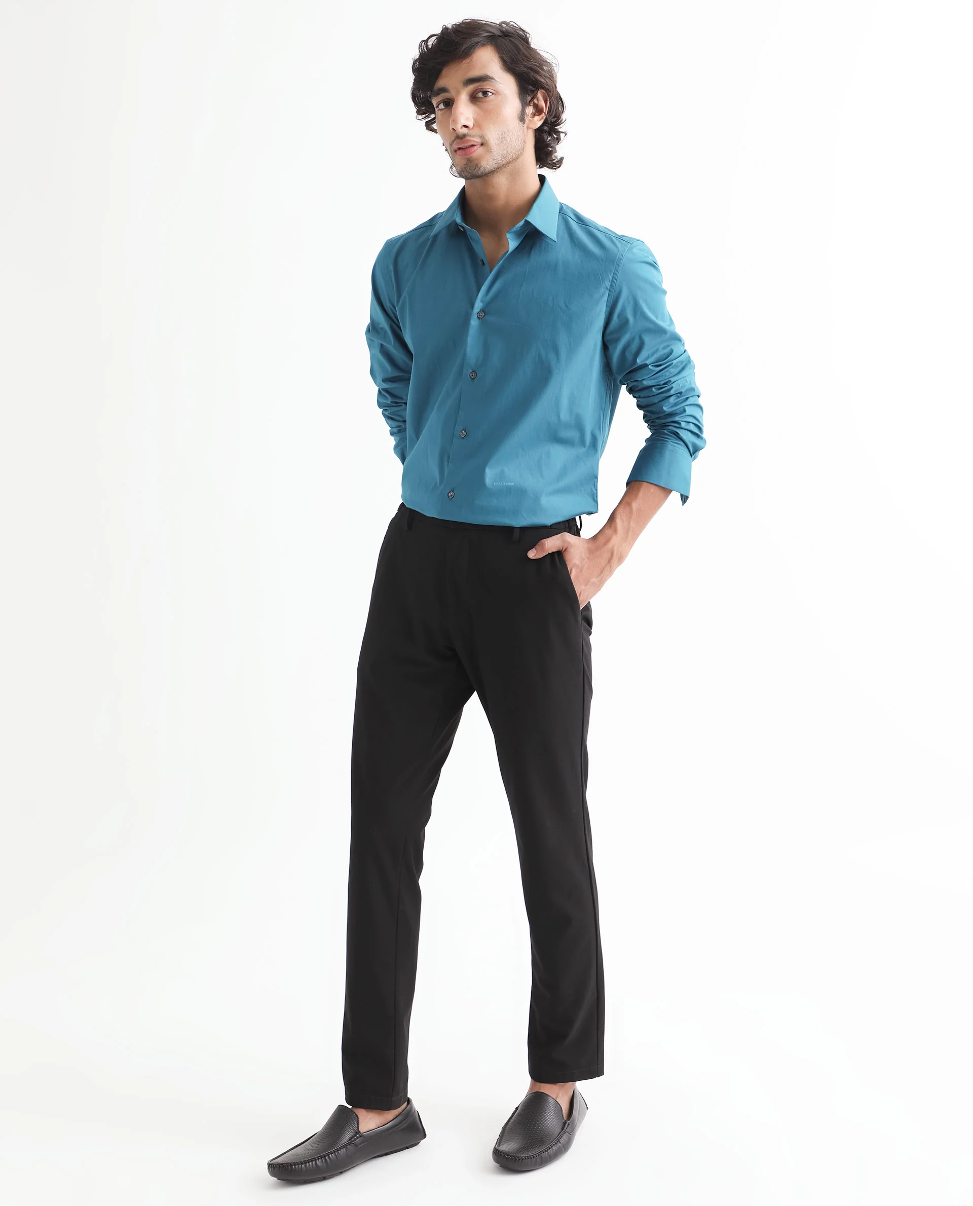 Rare Rabbit Men's Neutronss Petrol Cotton Plain Tailored Fit Full Sleeve Collared Shirt - Image 2