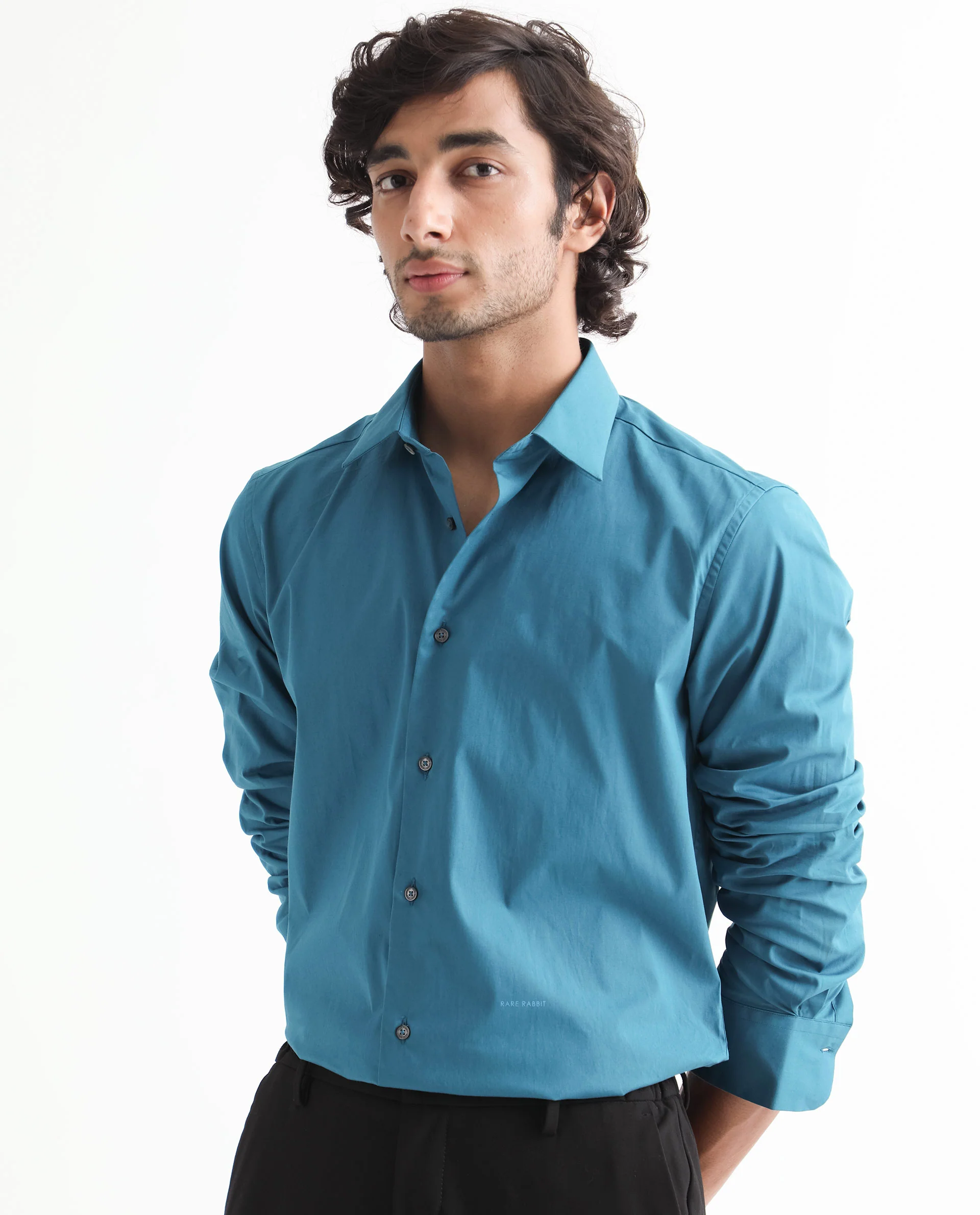 Rare Rabbit Men's Neutronss Petrol Cotton Plain Tailored Fit Full Sleeve Collared Shirt - Image 3
