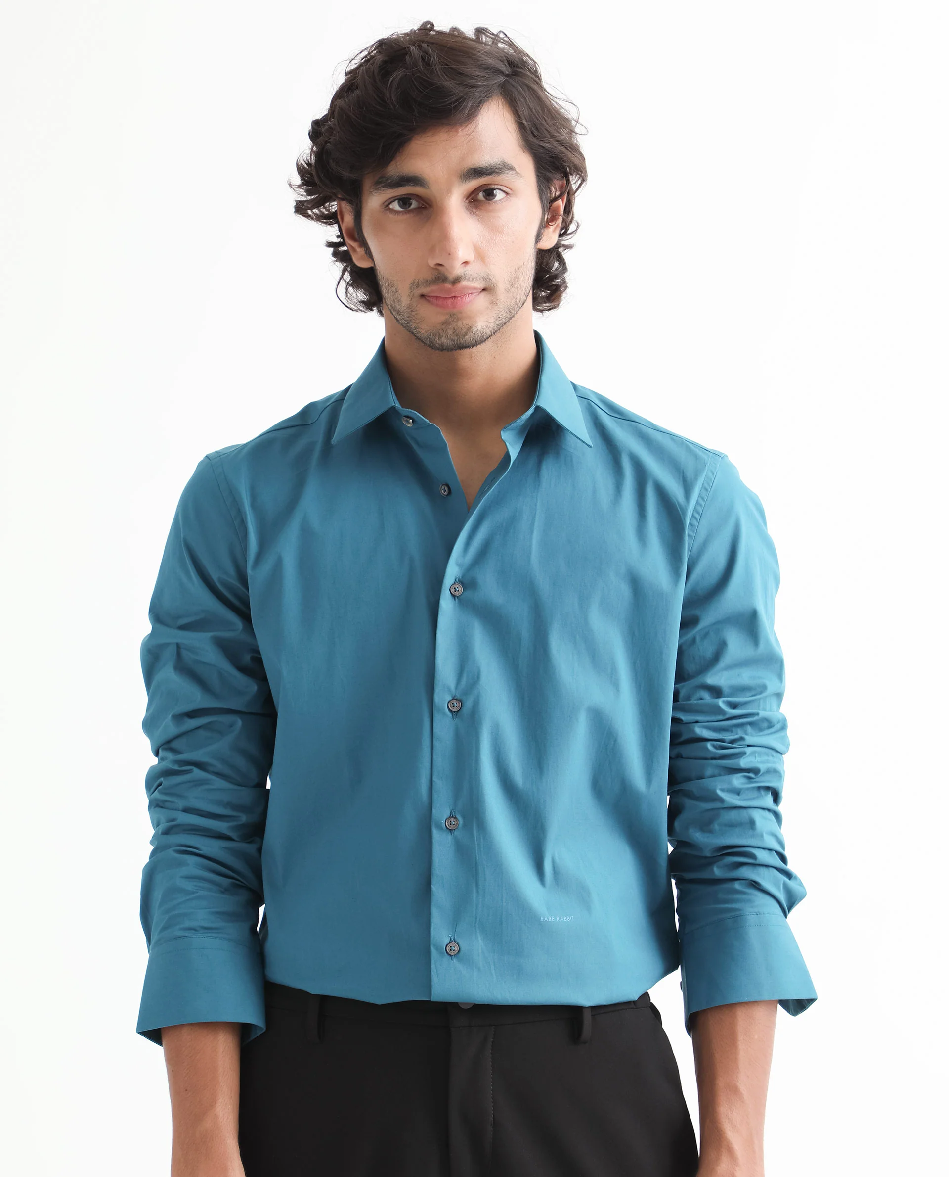 Rare Rabbit Men's Neutronss Petrol Cotton Plain Tailored Fit Full Sleeve Collared Shirt - Image 7