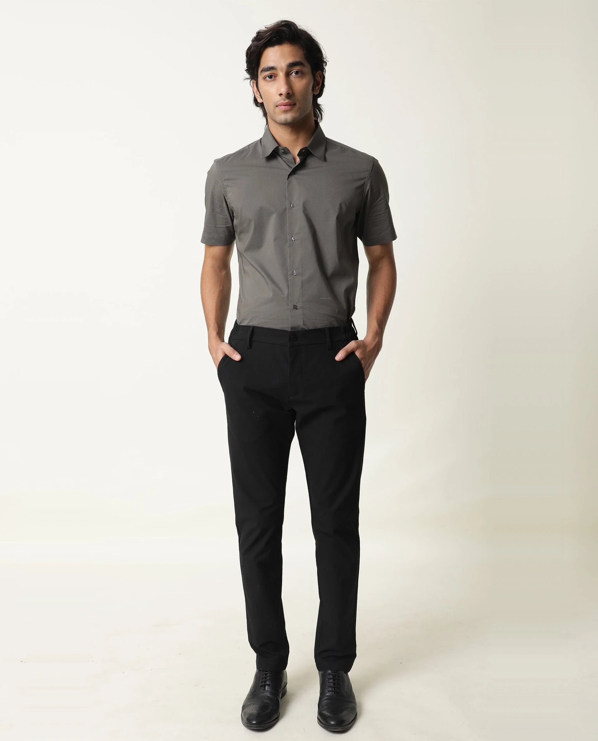 Rare Rabbit Men's Neutro Ss Grey Cotton Plain Regular Fit Half Sleeve Spread Collar Shirt - Image 2