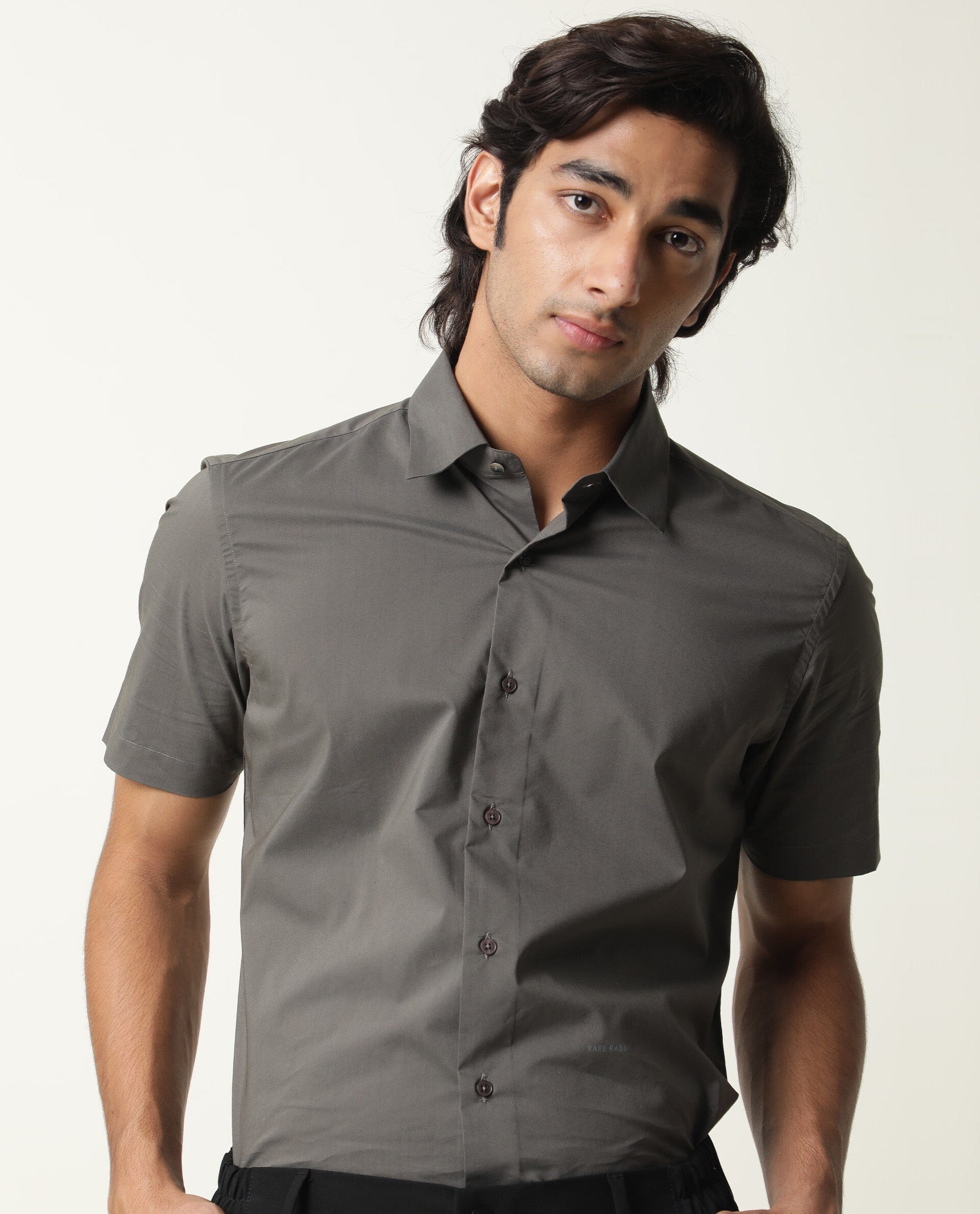 Rare Rabbit Men's Neutro Ss Grey Cotton Plain Regular Fit Half Sleeve Spread Collar Shirt - Image 3