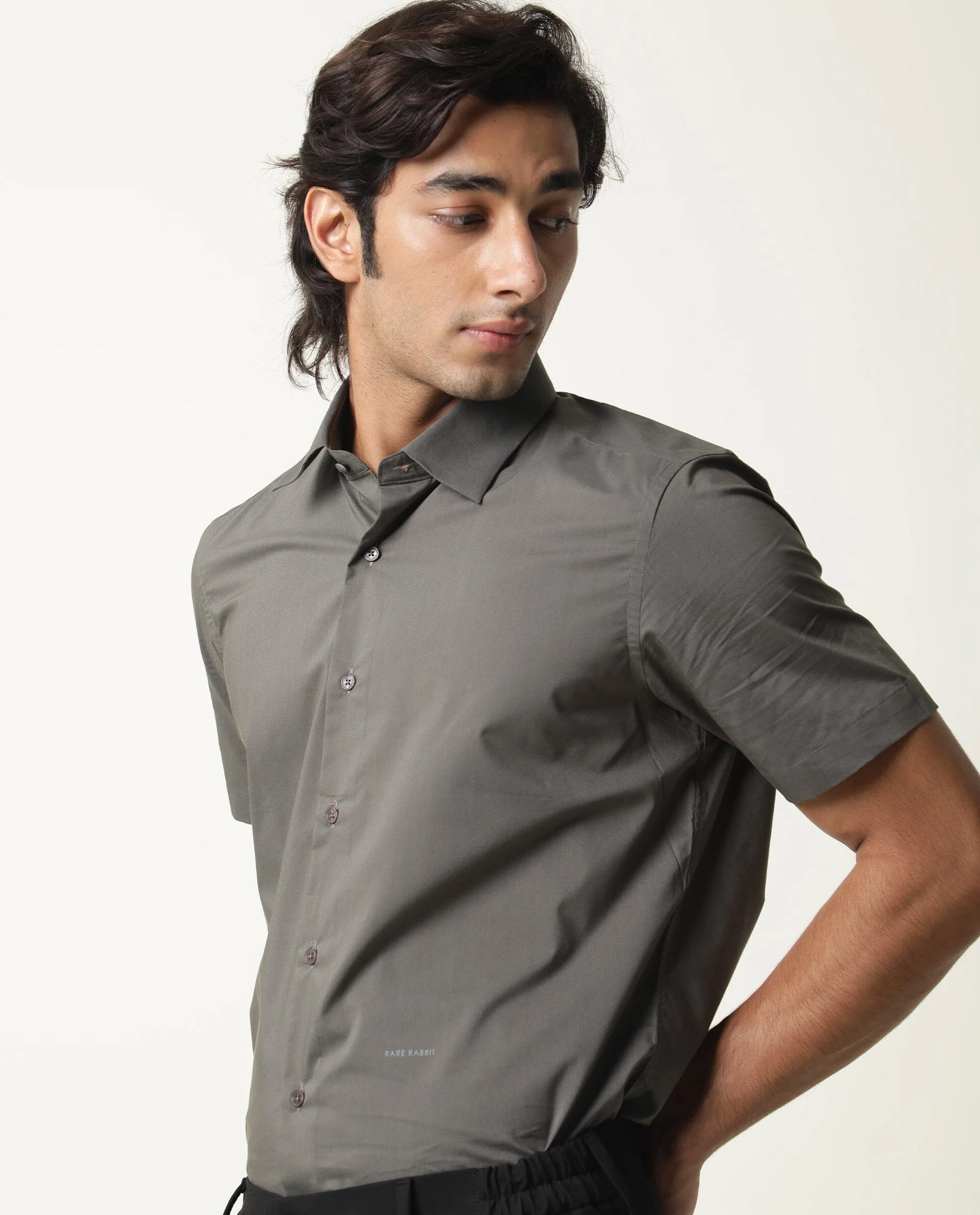 Rare Rabbit Men's Neutro Ss Grey Cotton Plain Regular Fit Half Sleeve Spread Collar Shirt - Image 4