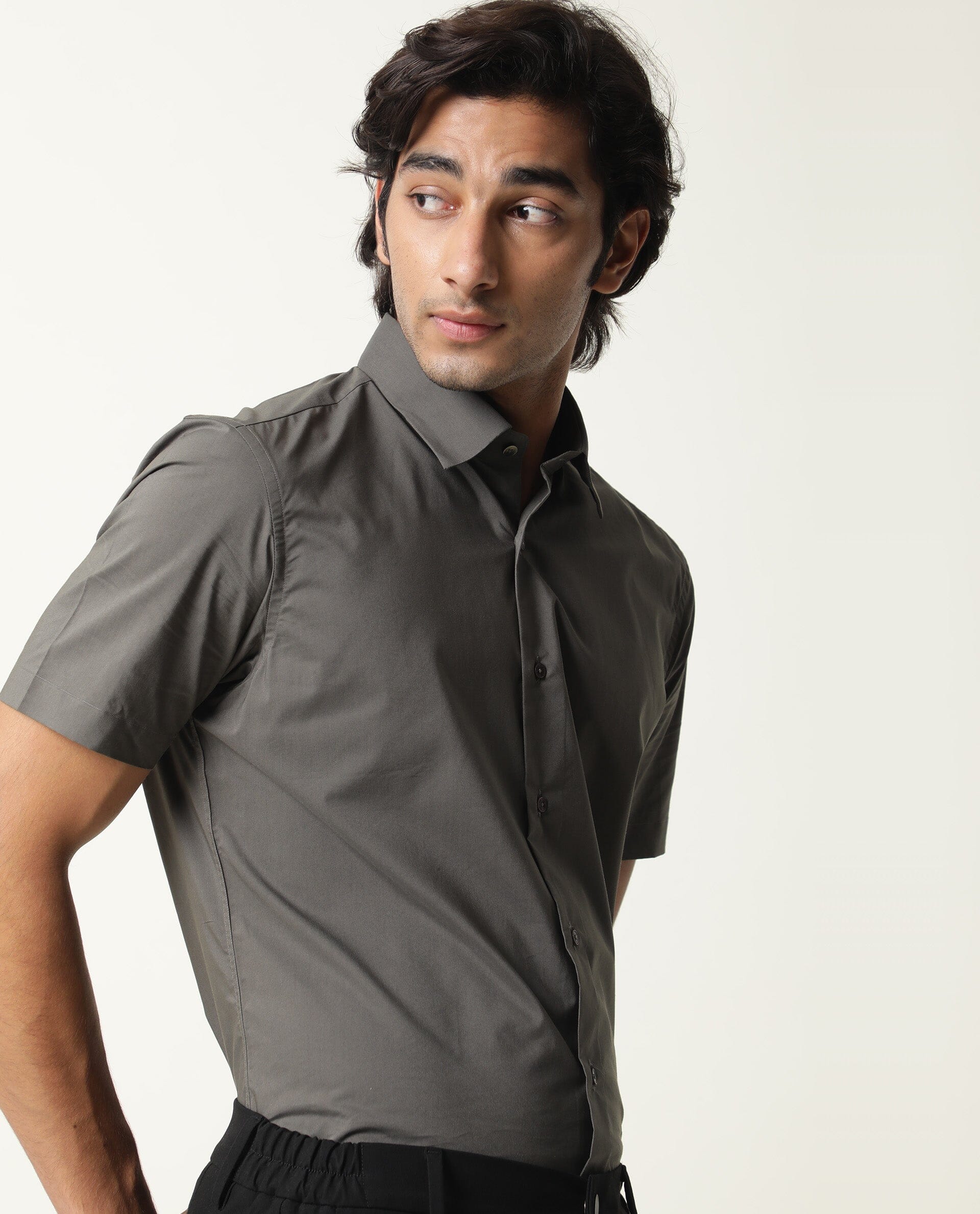 Rare Rabbit Men's Neutro Ss Grey Cotton Plain Regular Fit Half Sleeve Spread Collar Shirt - Image 5