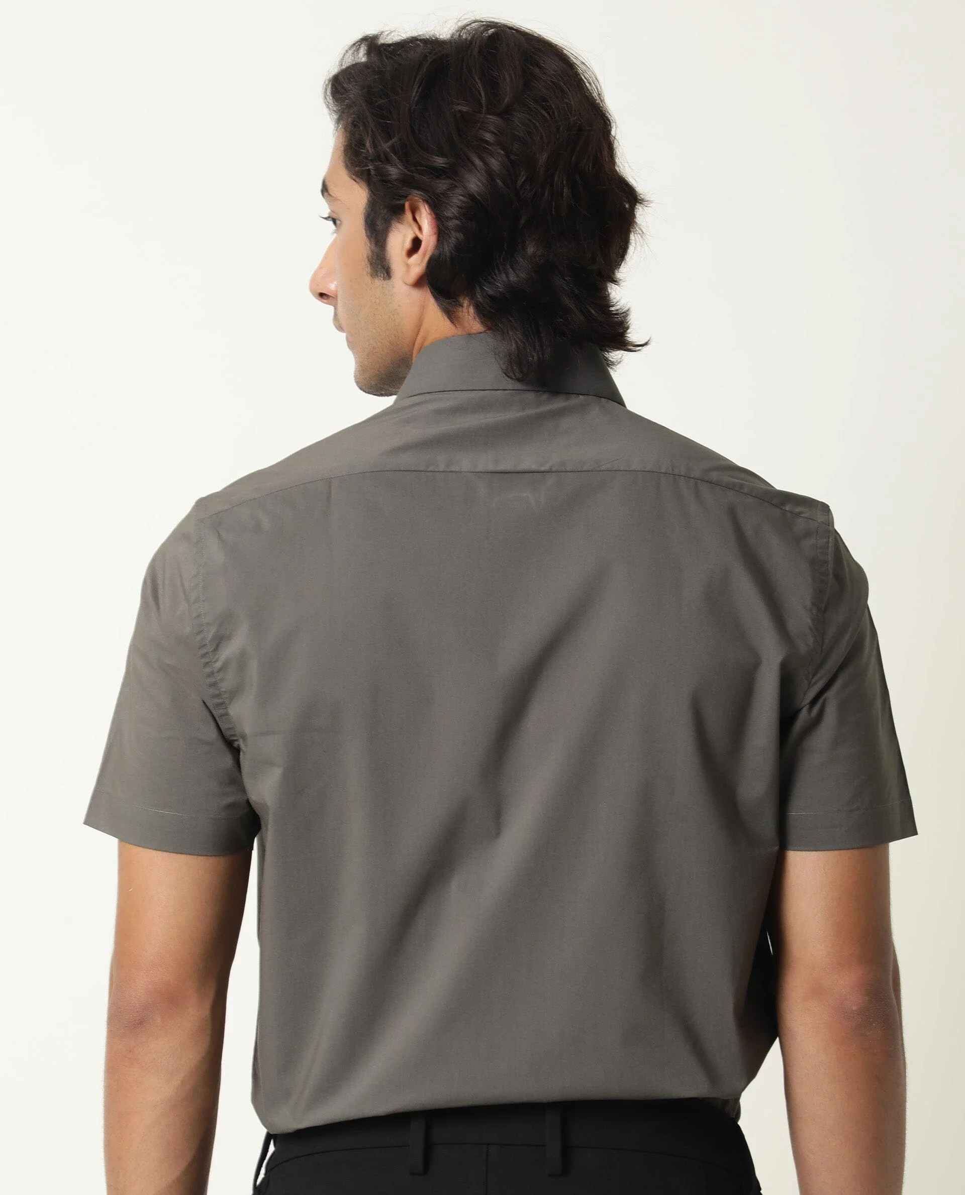 Rare Rabbit Men's Neutro Ss Grey Cotton Plain Regular Fit Half Sleeve Spread Collar Shirt - Image 6