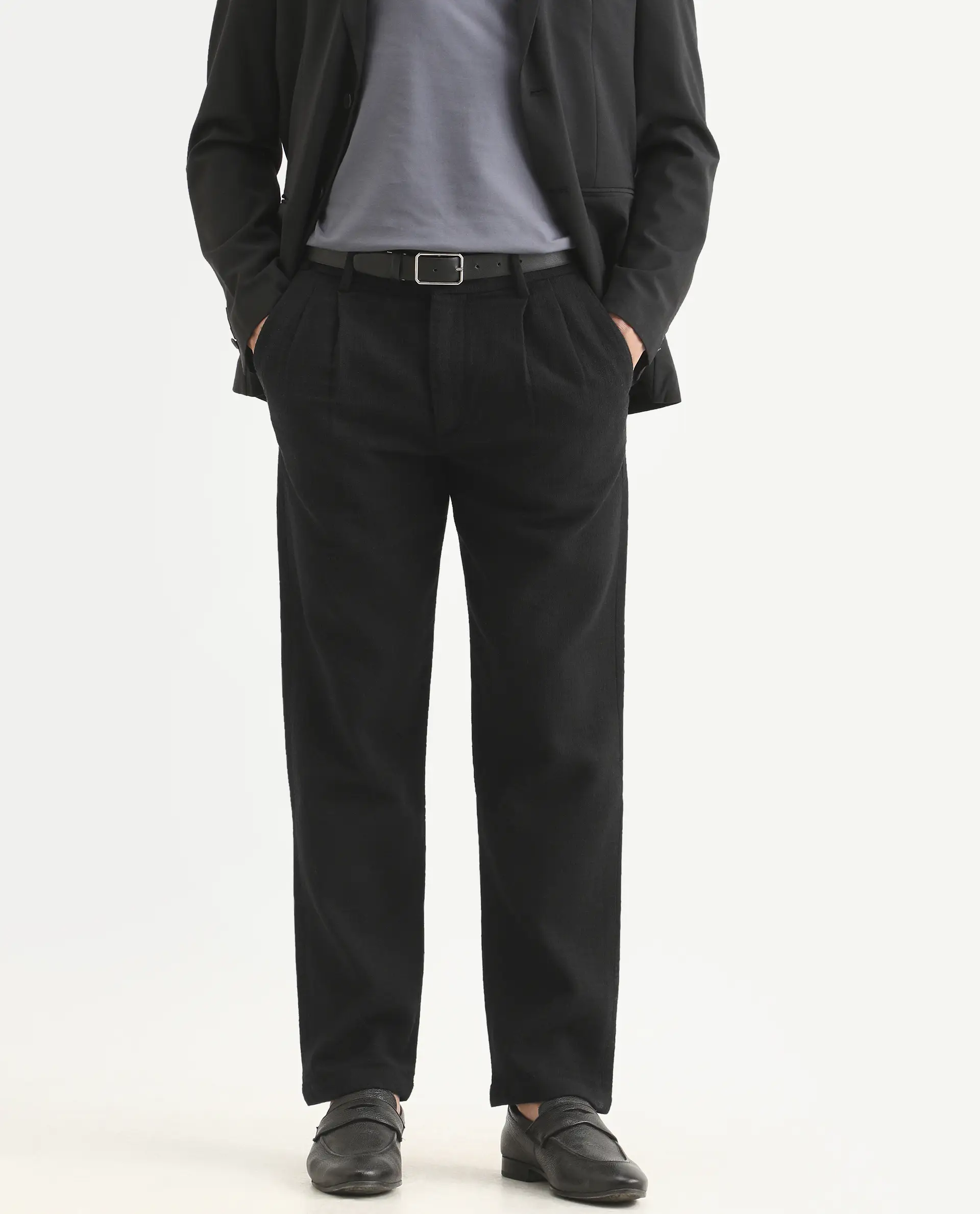 Rare Rabbit Men's Neux Black Cotton Fabric Regular Fit Textured Trouser - Image 2