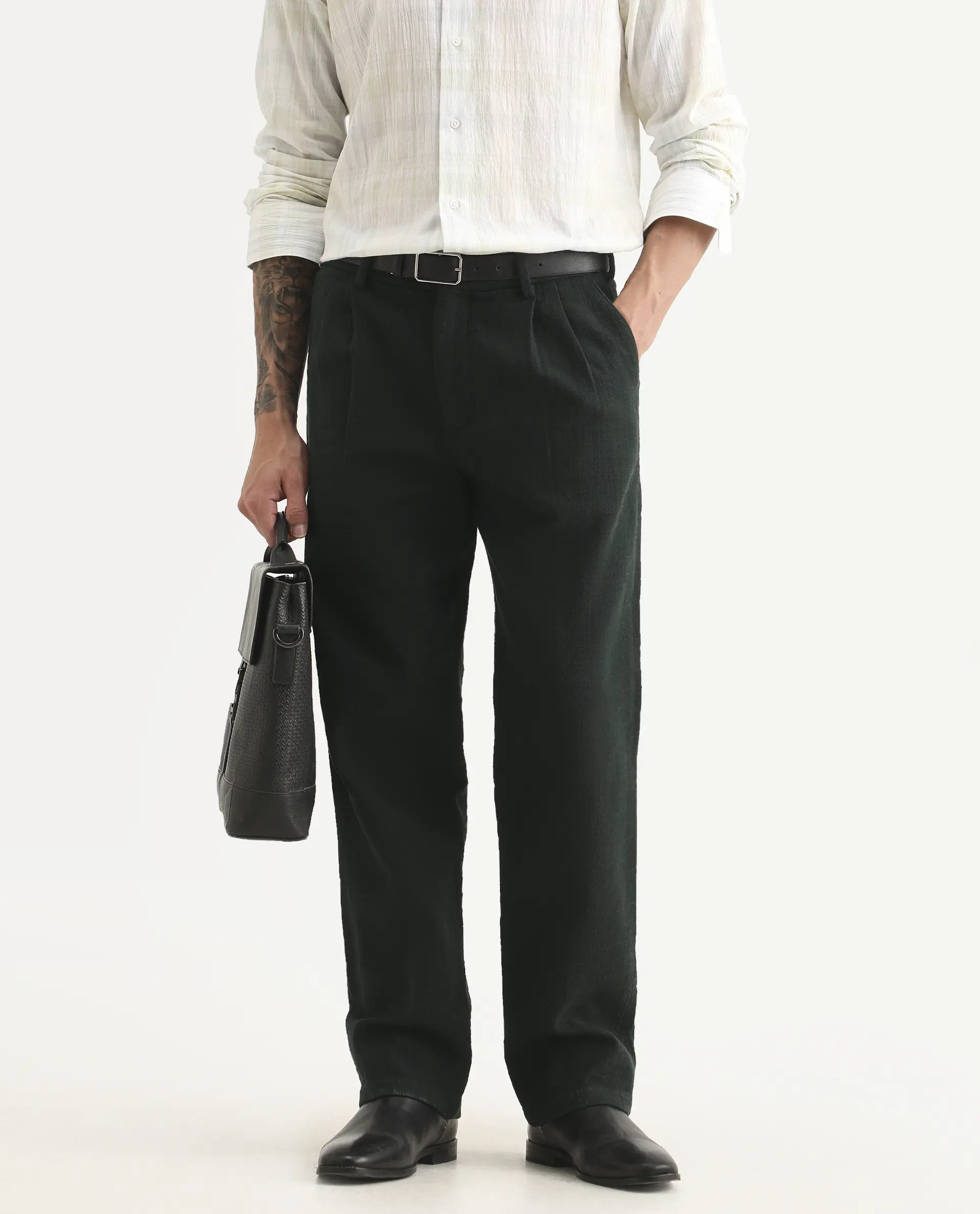 Rare Rabbit Men's Neux Dark Green Cotton Fabric Regular Fit Textured Trouser - Image 2