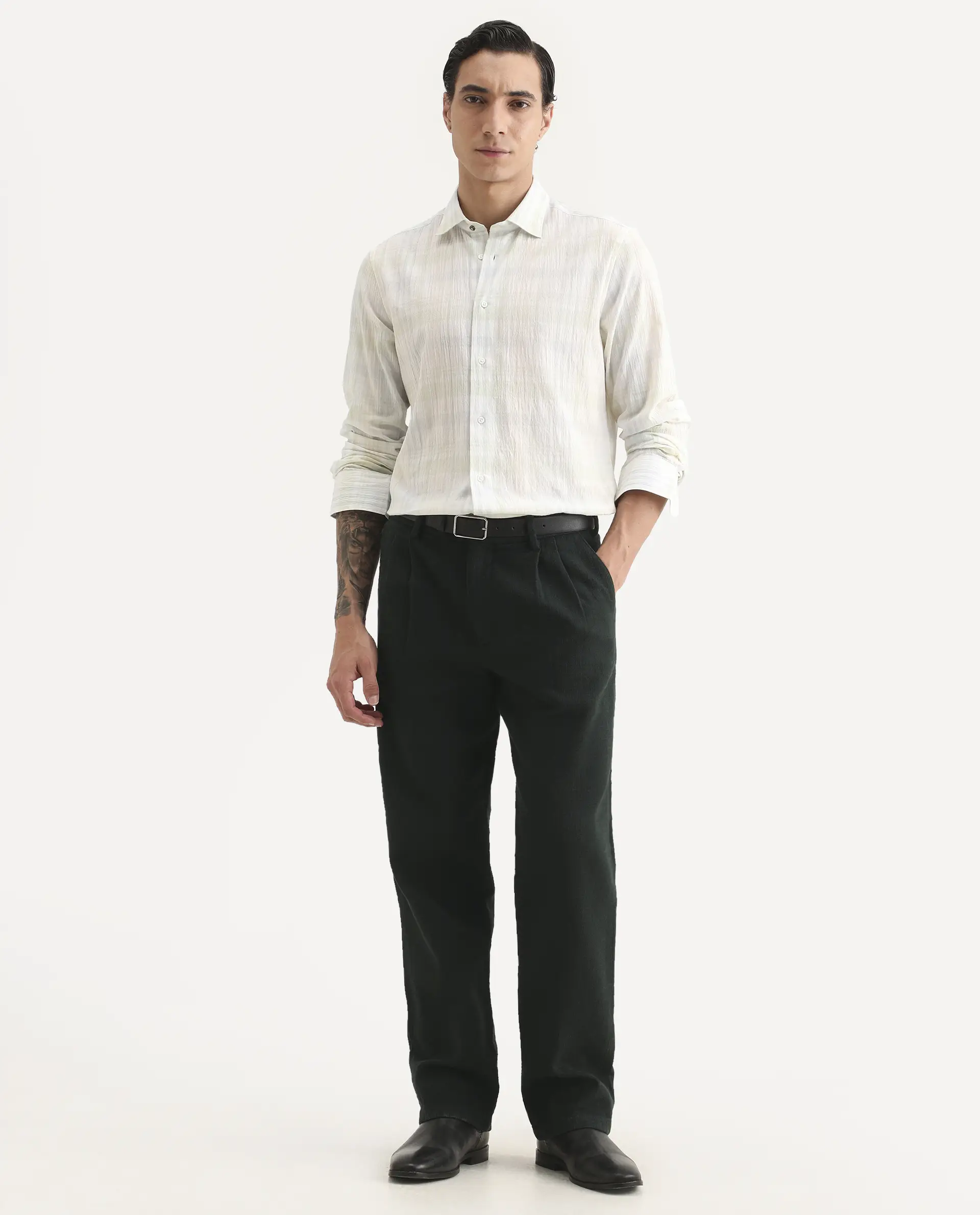 Rare Rabbit Men's Neux Dark Green Cotton Fabric Regular Fit Textured Trouser - Image 4