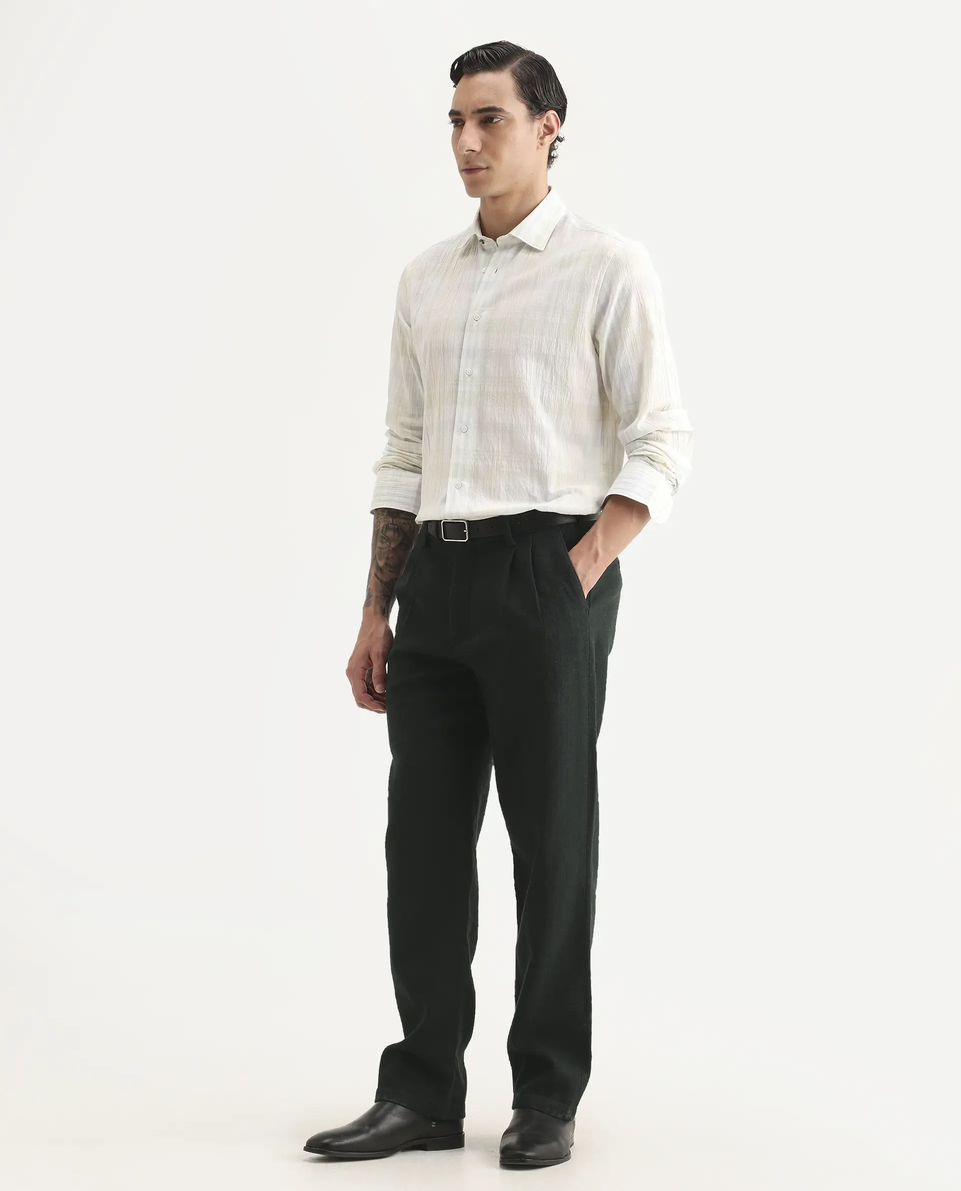 Rare Rabbit Men's Neux Dark Green Cotton Fabric Regular Fit Textured Trouser - Image 5