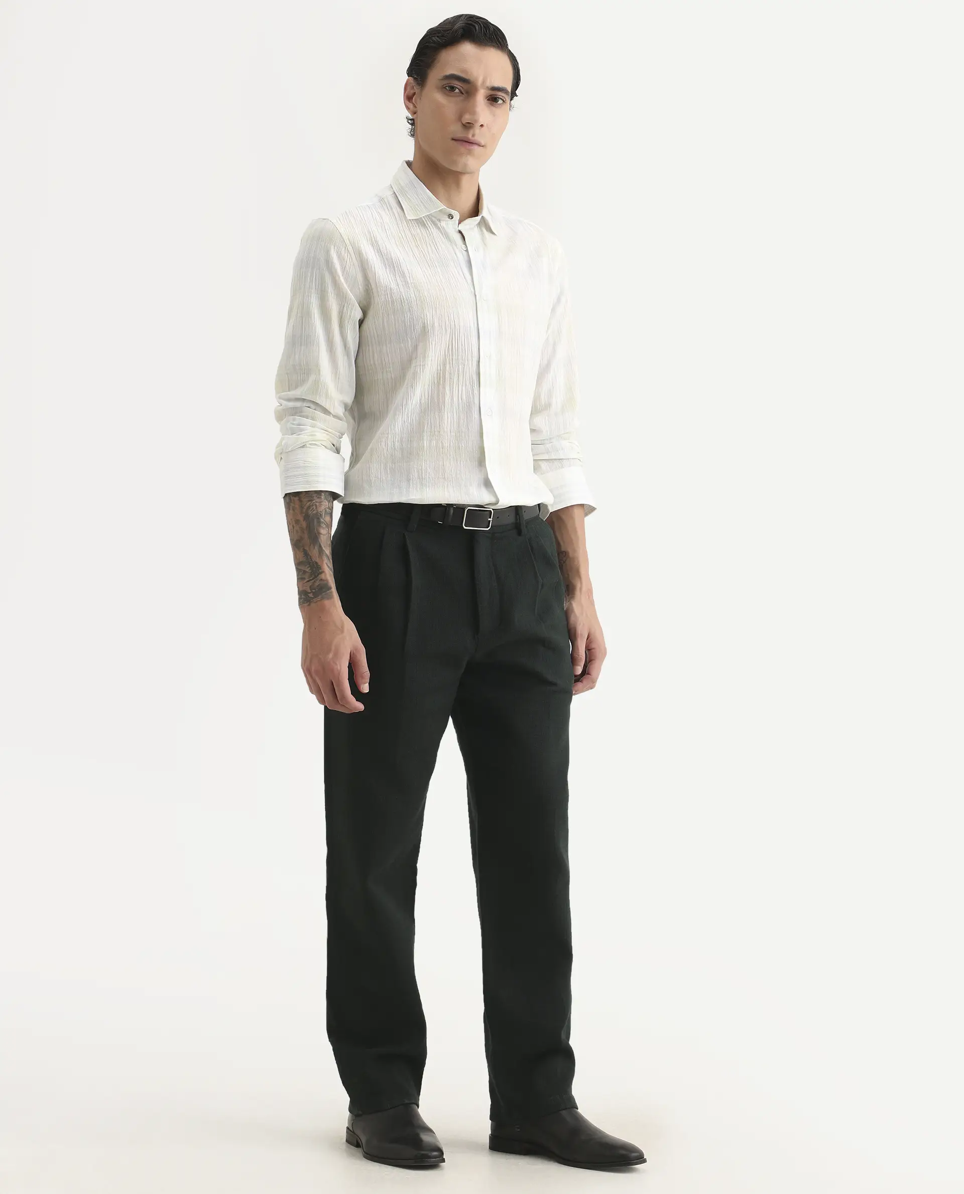 Rare Rabbit Men's Neux Dark Green Cotton Fabric Regular Fit Textured Trouser - Image 6