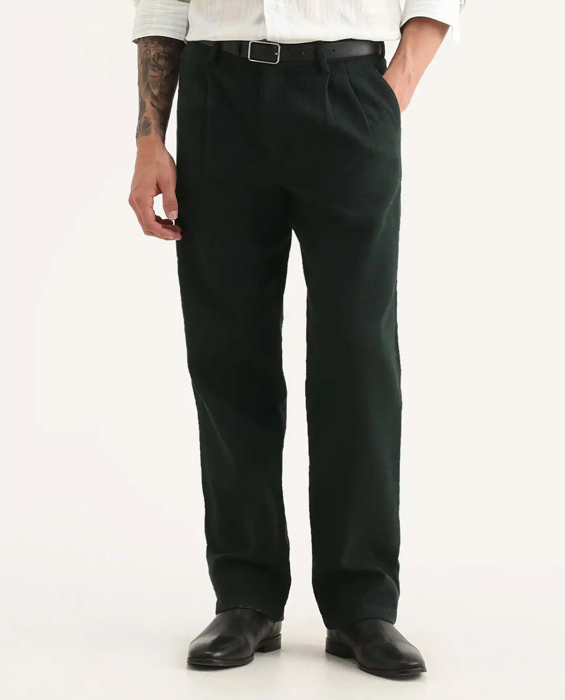 Rare Rabbit Men's Neux Dark Green Cotton Fabric Regular Fit Textured Trouser - Image 9