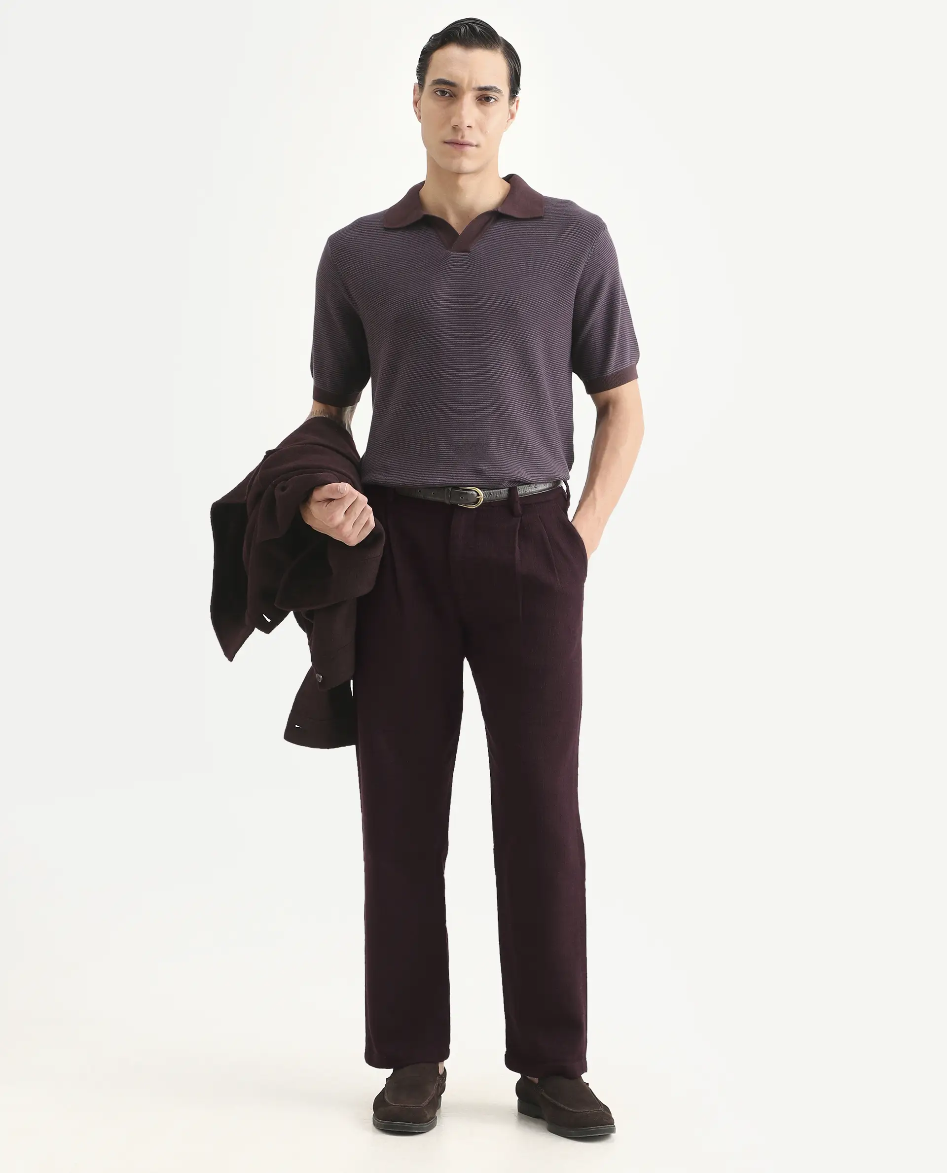 Rare Rabbit Men's Neux Dark Maroon Cotton Fabric Regular Fit Textured Trouser