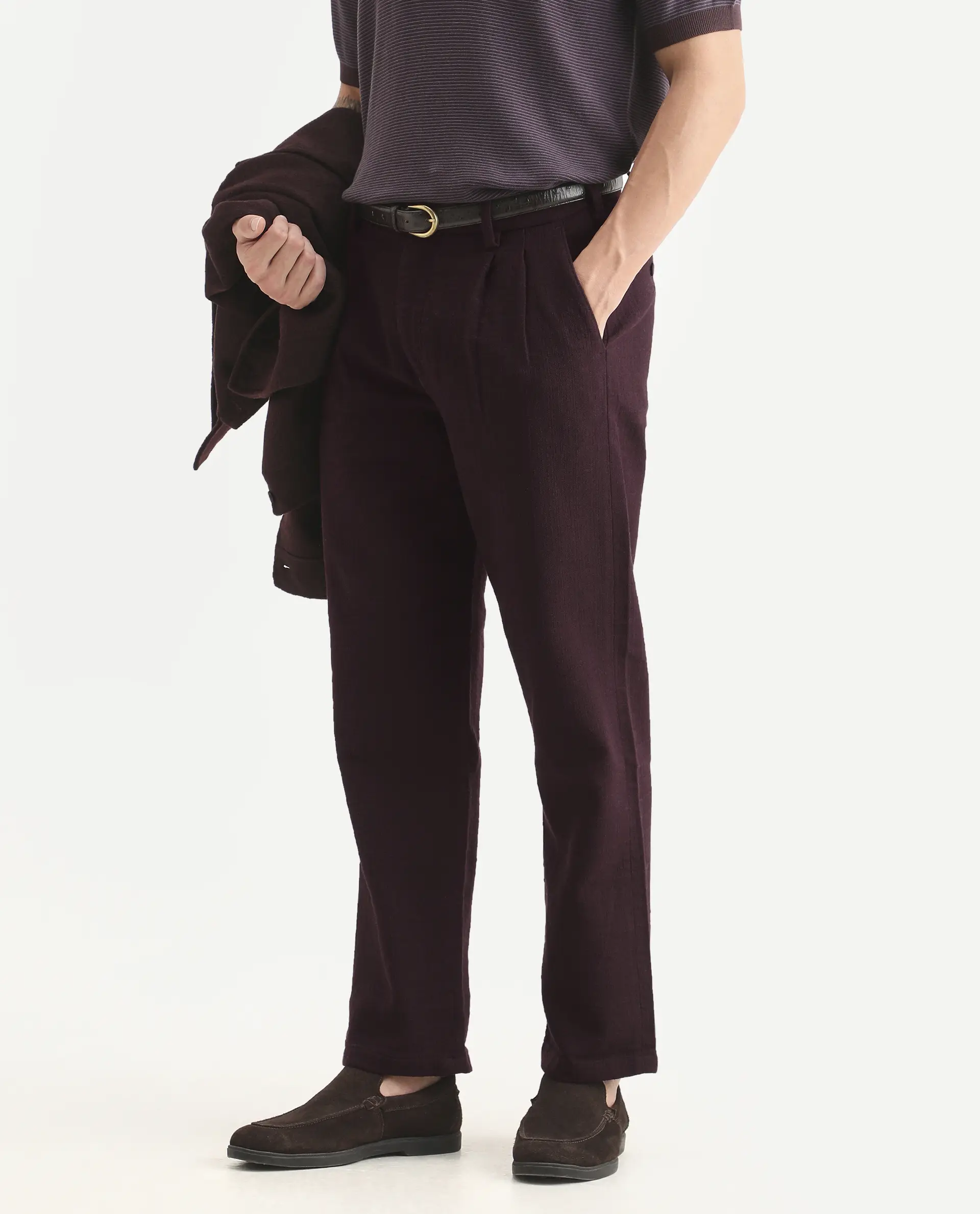 Rare Rabbit Men's Neux Dark Maroon Cotton Fabric Regular Fit Textured Trouser - Image 2